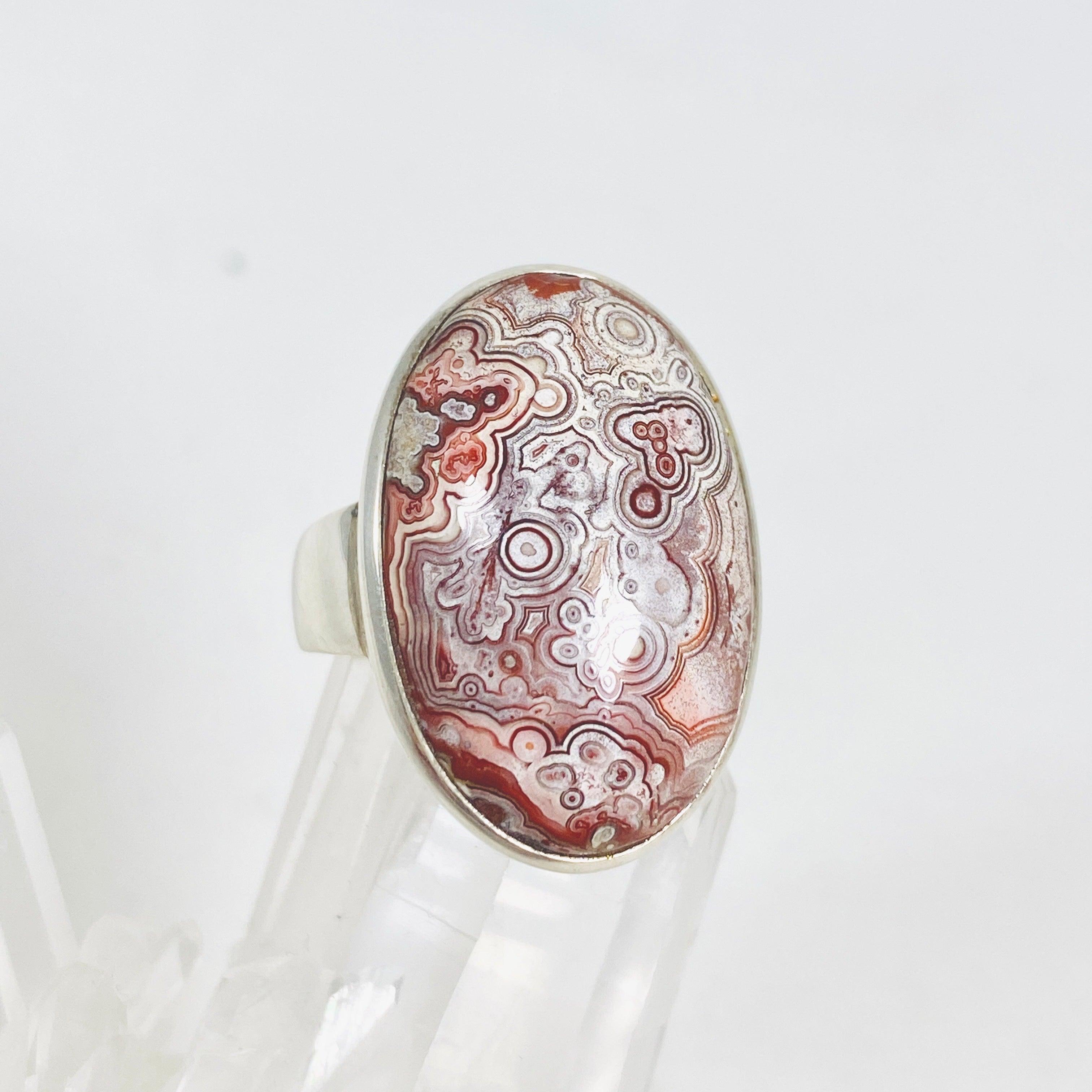 Crazy Lace Agate Oval Ring - Size 8.5 Sterling Silver Jewelry PRGJ289 | Elegant Gift for Women, Birthday & Anniversary Present