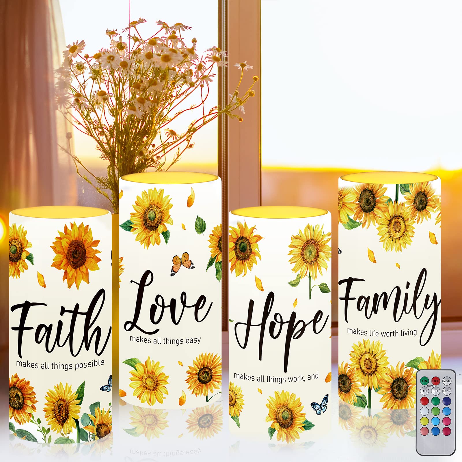 Tiamon Flameless LED Candles - Sunflower Design with 18-Key Remote & Timer, Battery Operated Yellow Floral Flickering Pillar Candles for Home Decor, Wedding, Holiday Table Centerpiece - Perfect for Summer Parties, Romantic Dinners & Relaxing Ambiance