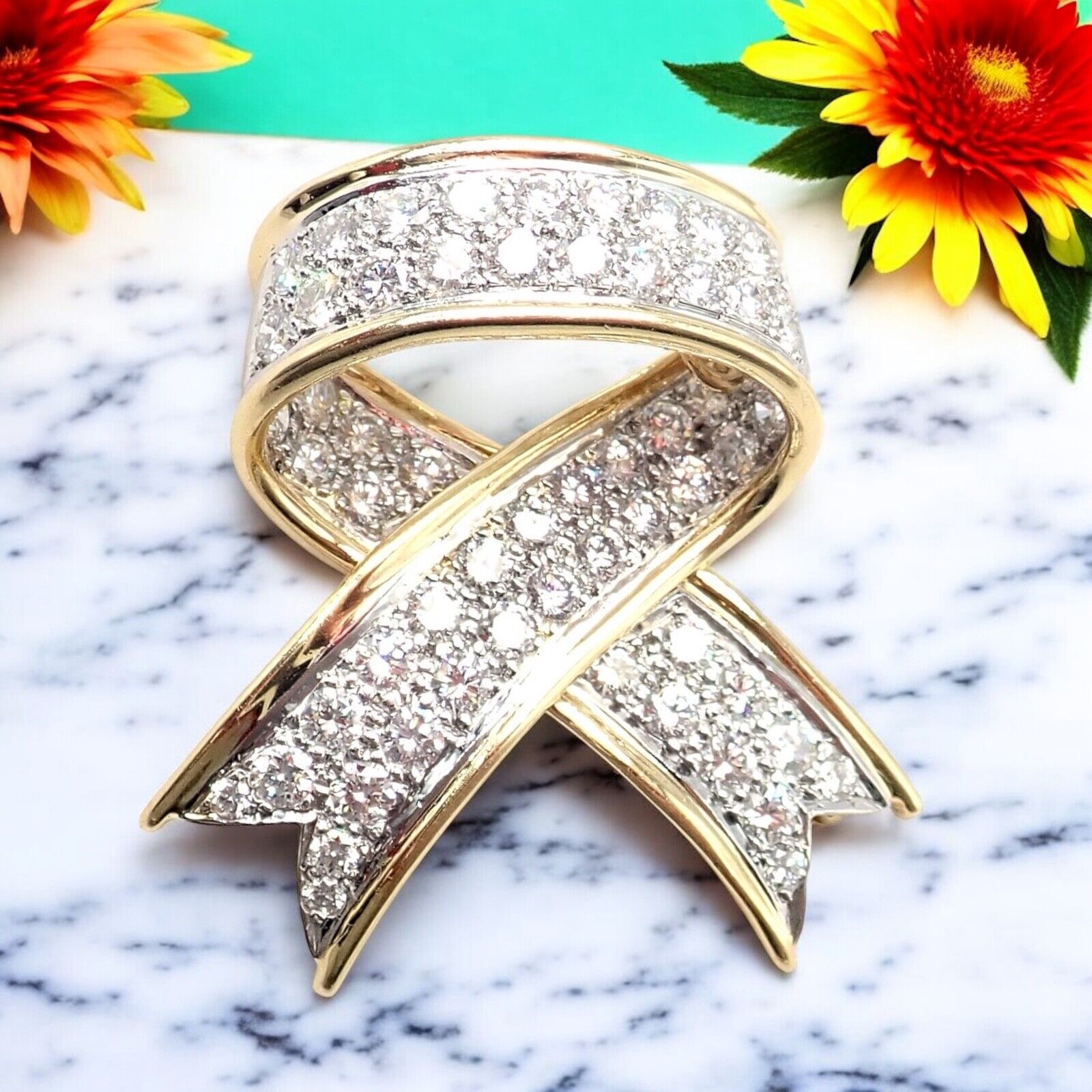Vintage Tiffany & Co 18k Yellow Gold Platinum Diamond Ribbon Bow Pin Brooch - Elegant Jewelry for Women, Perfect for Weddings, Parties & Special Occasions