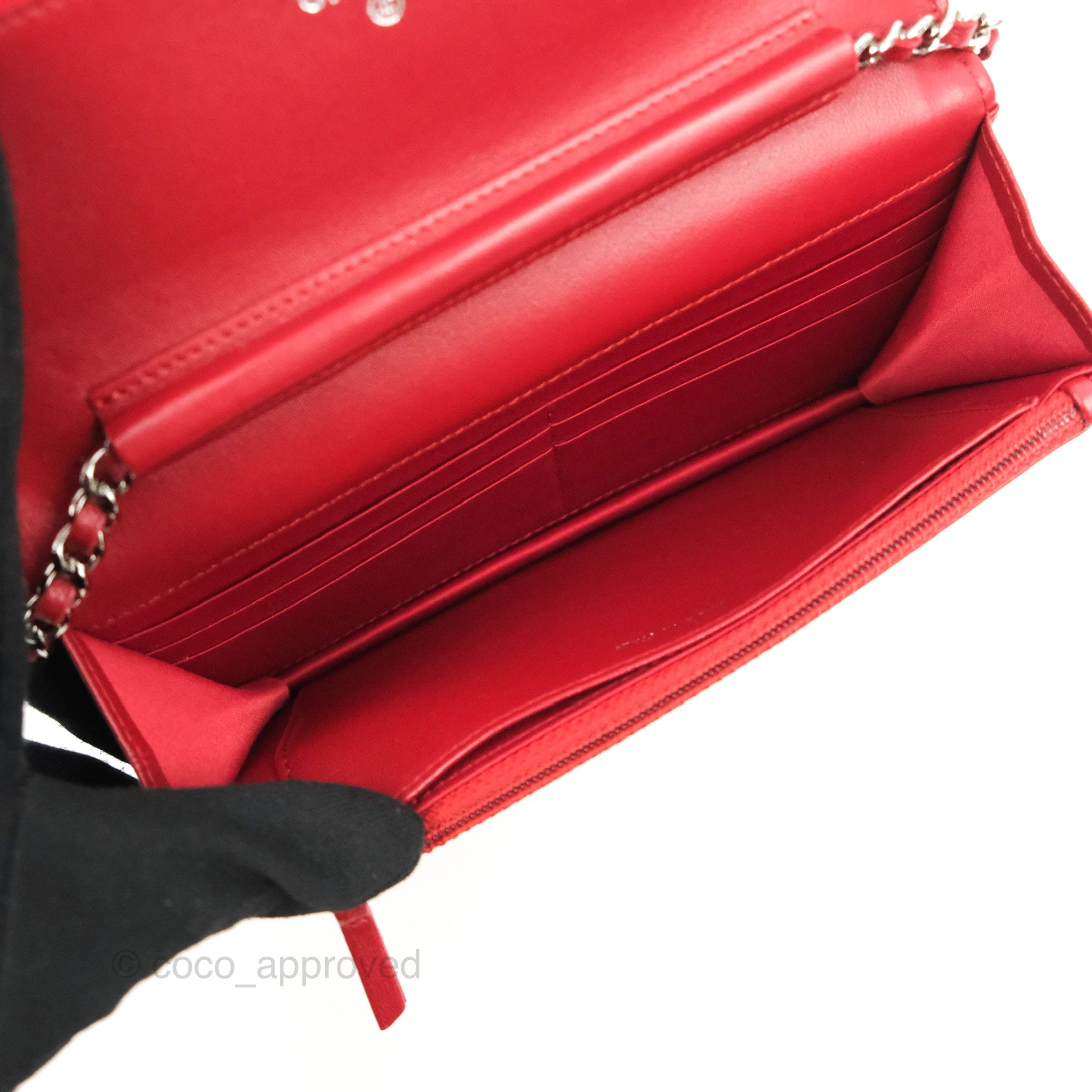 Chanel Camellia Embossed Wallet on Chain WOC in Red Lambskin with Silver Hardware - Luxury Crossbody Bag for Women, Perfect for Evening Events & Date Nights