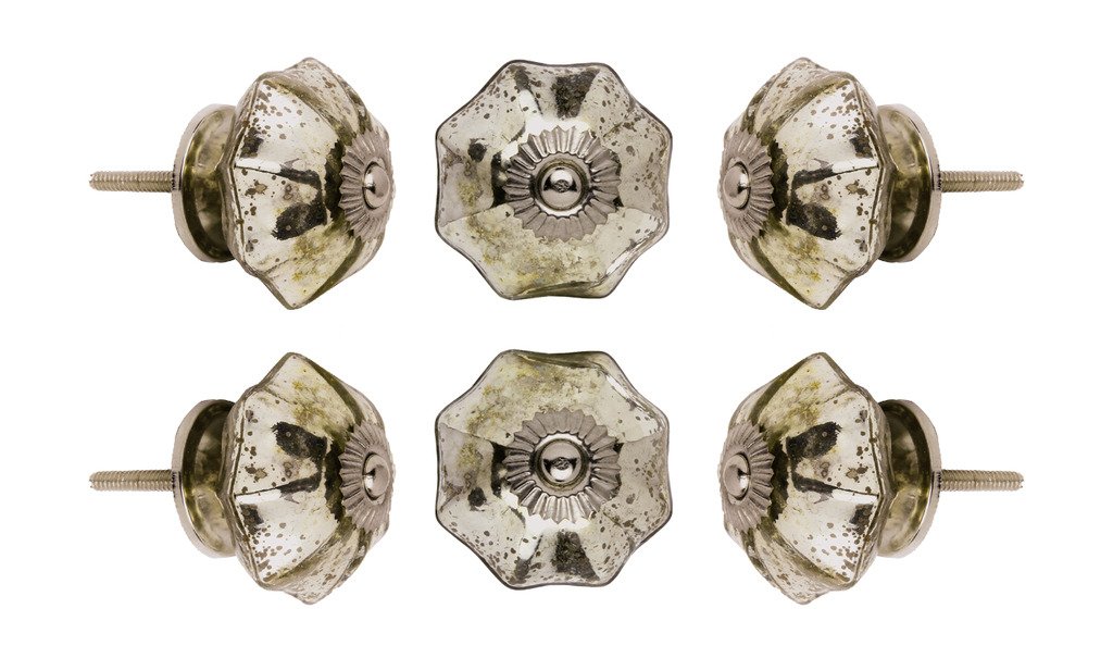 TRINCA-FERRO Set of 6 Glass Mirror Melon Cabinet Knobs - Elegant Kitchen Cupboard & Dresser Door Handles - Vintage Wardrobe & Drawer Pulls for Home Decor (Perfect for Kitchen Remodel, Bedroom Furniture Upgrade & Bathroom Storage Organization)