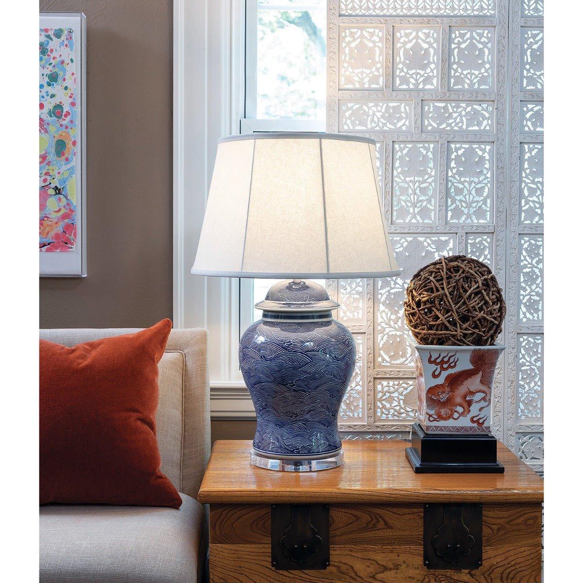 Blue and White Porcelain Temple Jar Table Lamp with Wave Design - Elegant Home Decor for Living Room, Bedroom, or Office Lighting
