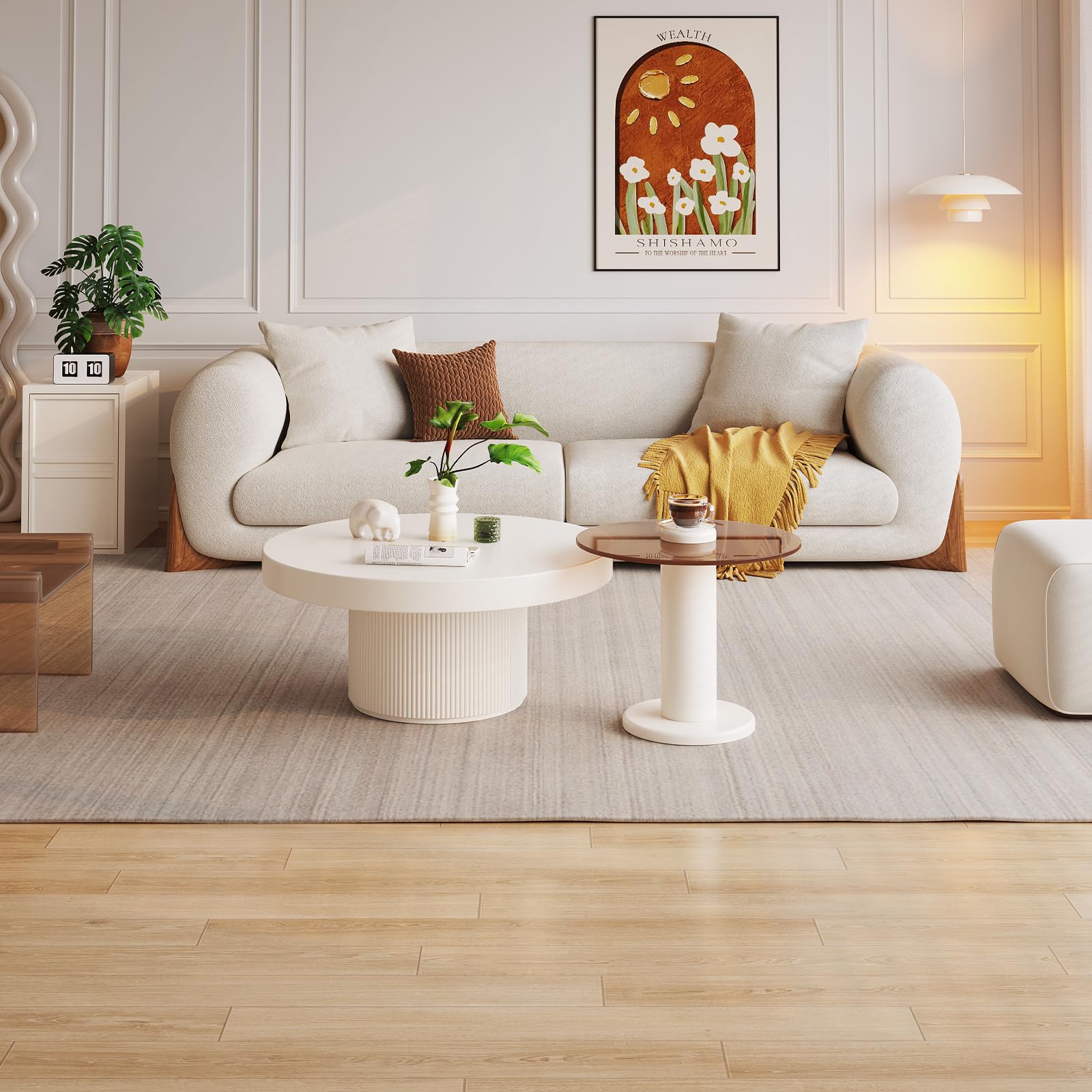 Modern 2-in-1 Round Nested Coffee Table Set - Creamy White Coffee Table with Tempered Glass Side Table - Space-Saving End Tables for Living Room, Bedroom & Small Spaces - Perfect for Coffee Time, Reading Nook & Home Decor