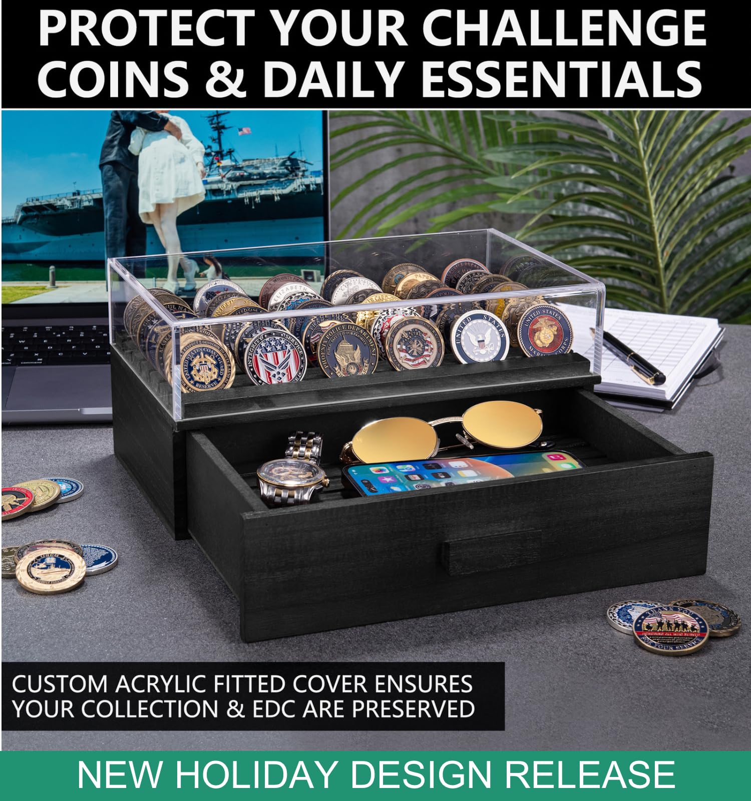 Large Black Wooden Challenge Coin Display Case with Clear Cover - Holds 36 Coins on Top & 36 in Drawer - Military, Poker Chip, and Collectible Display Case - Perfect for Home, Office, and Gift Presentations