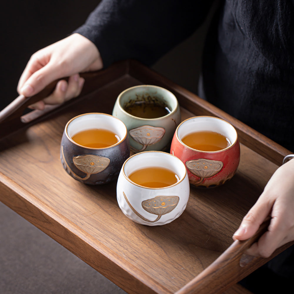 Premium Handcrafted Kiln-Fired Lotus Kung Fu Tea Cup Set of 4 - Traditional Chinese Ceramic Teacups for Gongfu Tea Ceremony, Home Decor & Gift Giving