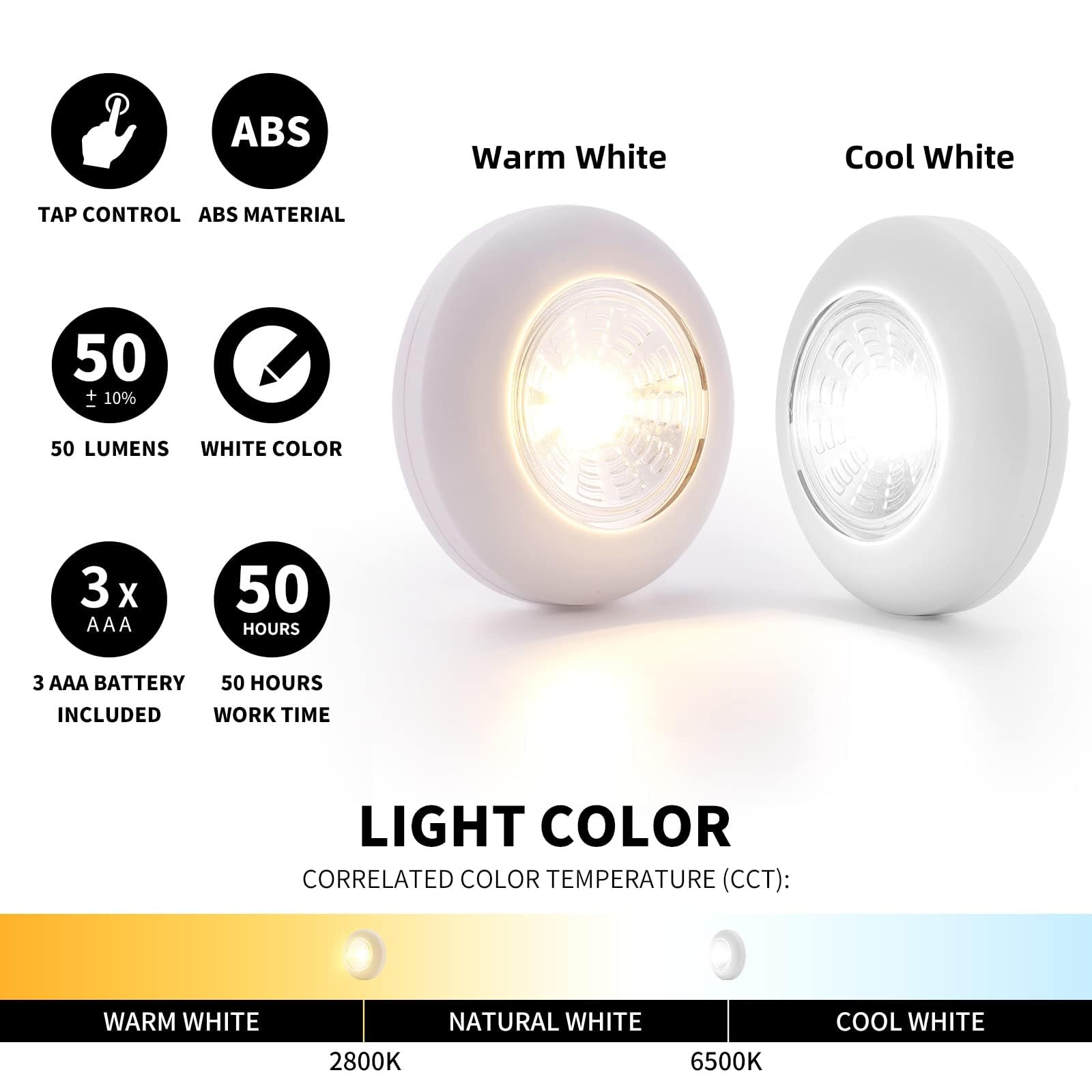 **Dream Master Tap Light - 5 Pack Battery Operated Wireless Puck Lights with 15 Batteries Included, Stick-On Touch Lights for Closet, Counter, Kitchen, Cabinet & Nightlight Use (White)**
