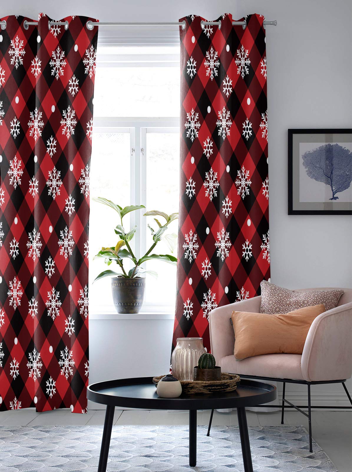 Christmas Snowflake Buffalo Plaid Sheer Curtains - Red & Black Window Treatment, 2 Panels with Grommet Top, 84 Inch Length for Kitchen, Living Room, Bedroom, Patio & Sliding Glass Doors | Holiday Home Decor & Winter Seasonal Drapes