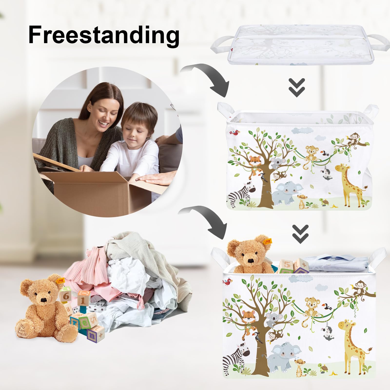 Clastyle 36L Collapsible Woodland Animal Nursery Basket - Giraffe, Monkey & Tiger Design for Baby Clothes, Toys & Books Storage | Perfect for Nursery Decor, Baby Shower Gifts & Kids Room Organization