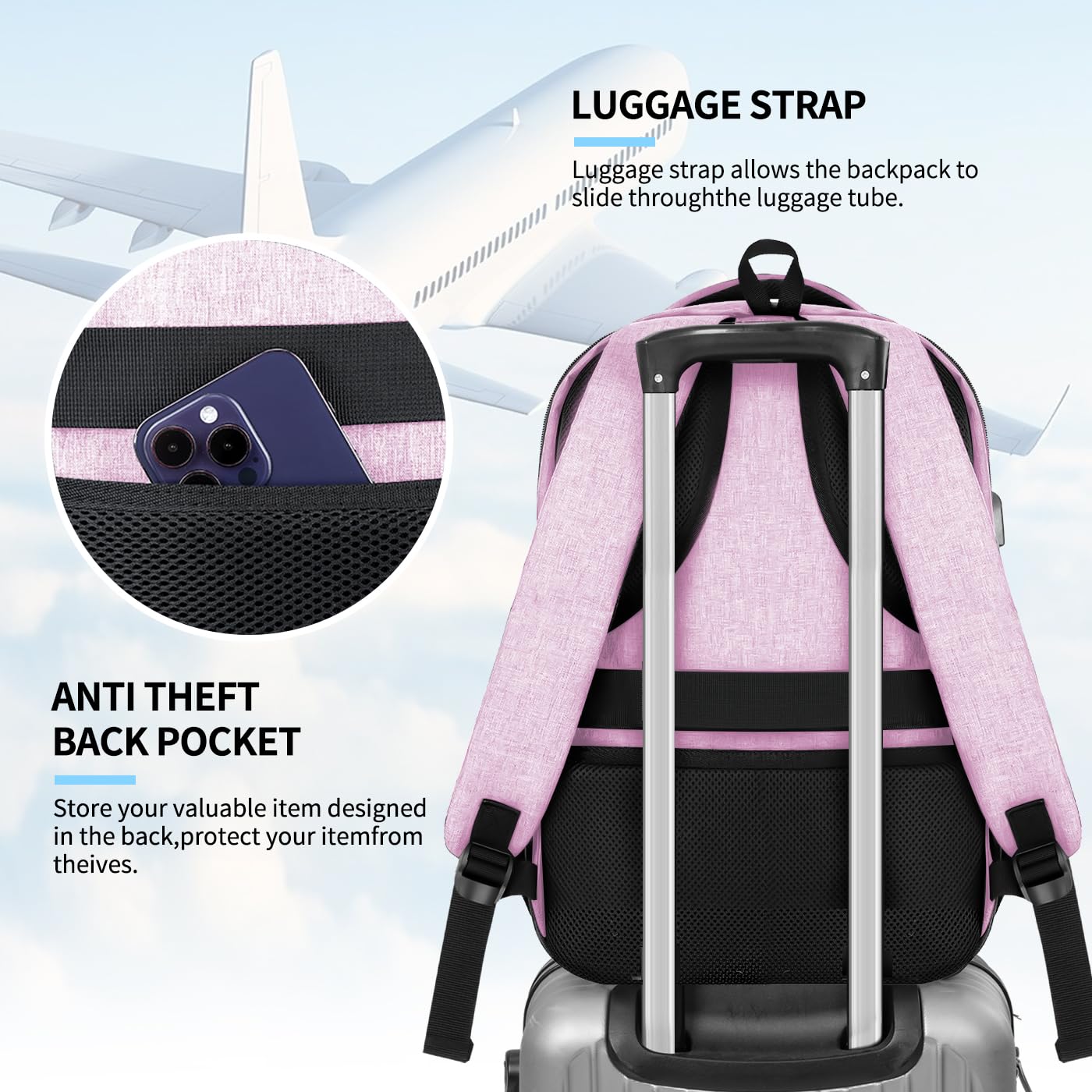 **Pink Women's Backpack with USB Charging Port - Stylish School & College Bookbag for Girls & Teens - Fits 15.6 Inch Laptop - Perfect for High School, Work, Business & Travel**