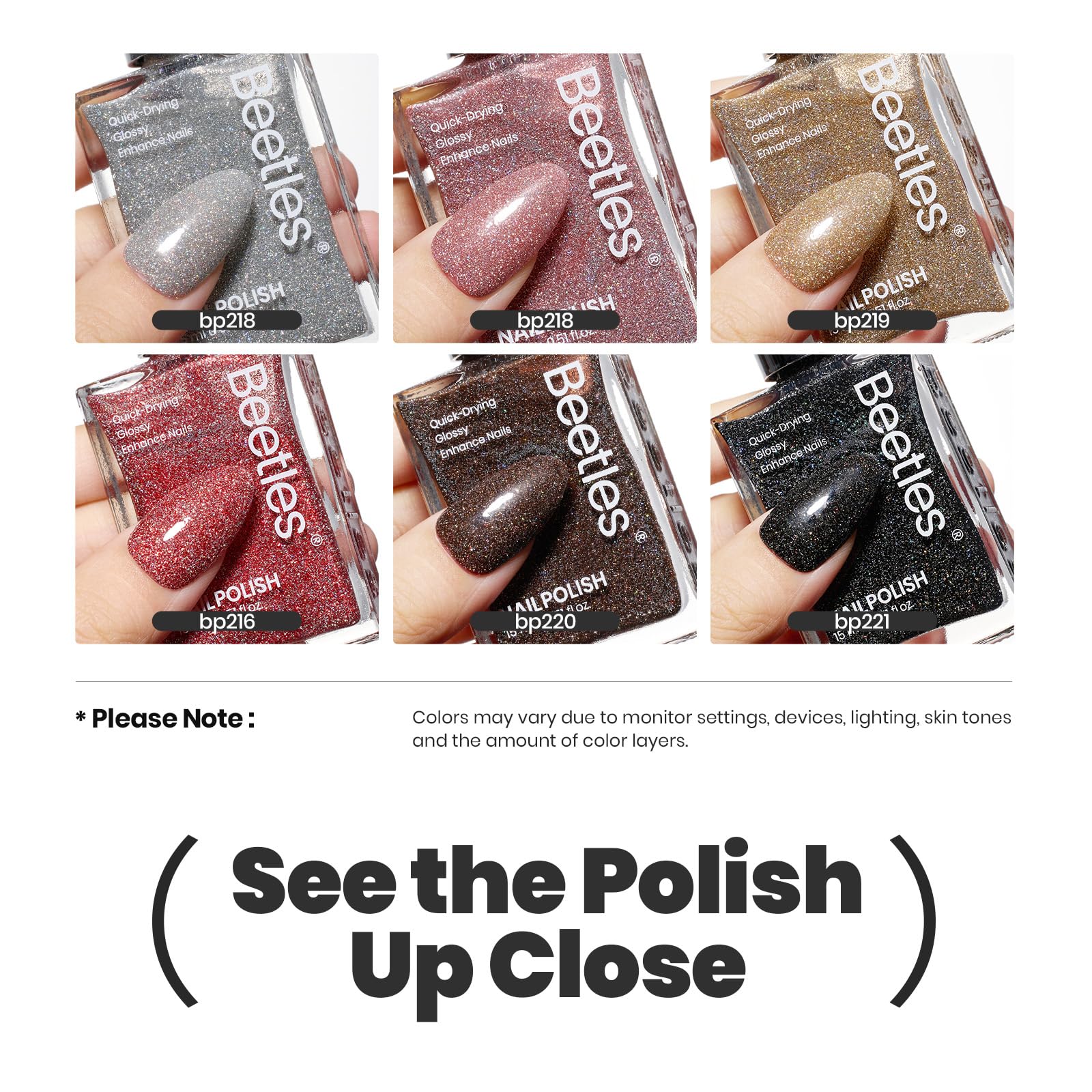 Beetles 6-Piece Glitter Nail Polish Set - Silver, Pink, Gold, Red, Brown, Black | Quick-Dry, Non-Toxic, Long-Lasting Nail Lacquer | Perfect for DIY Manicures, Nail Art, Salon Use & Gifts for Women | Great for Parties, Weddings, Holidays & Everyday Wear