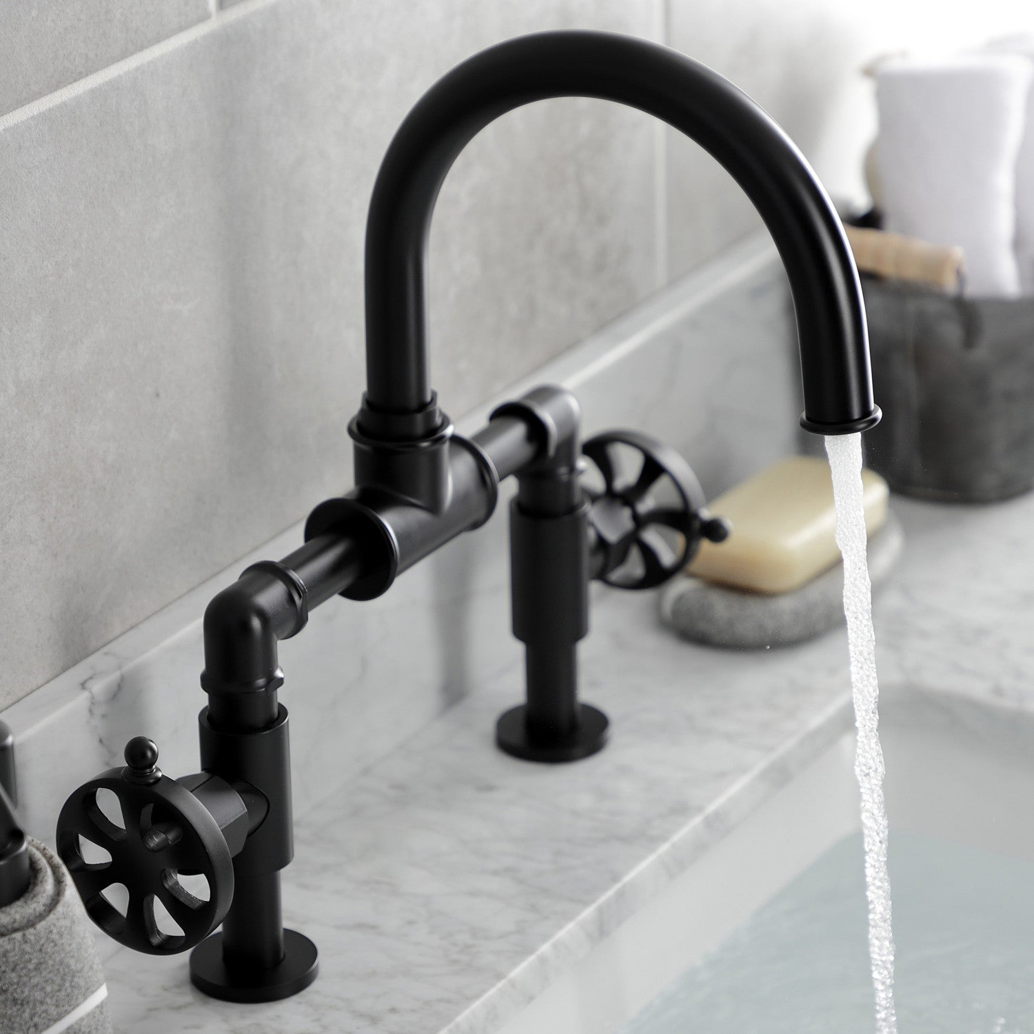 Belknap KS2170RX Matte Black 2-Handle Deck Mount Bathroom Faucet with Push Pop-Up Drain - Modern Waterfall Spout for Vanity Sink, Powder Room & Guest Bath Installation
