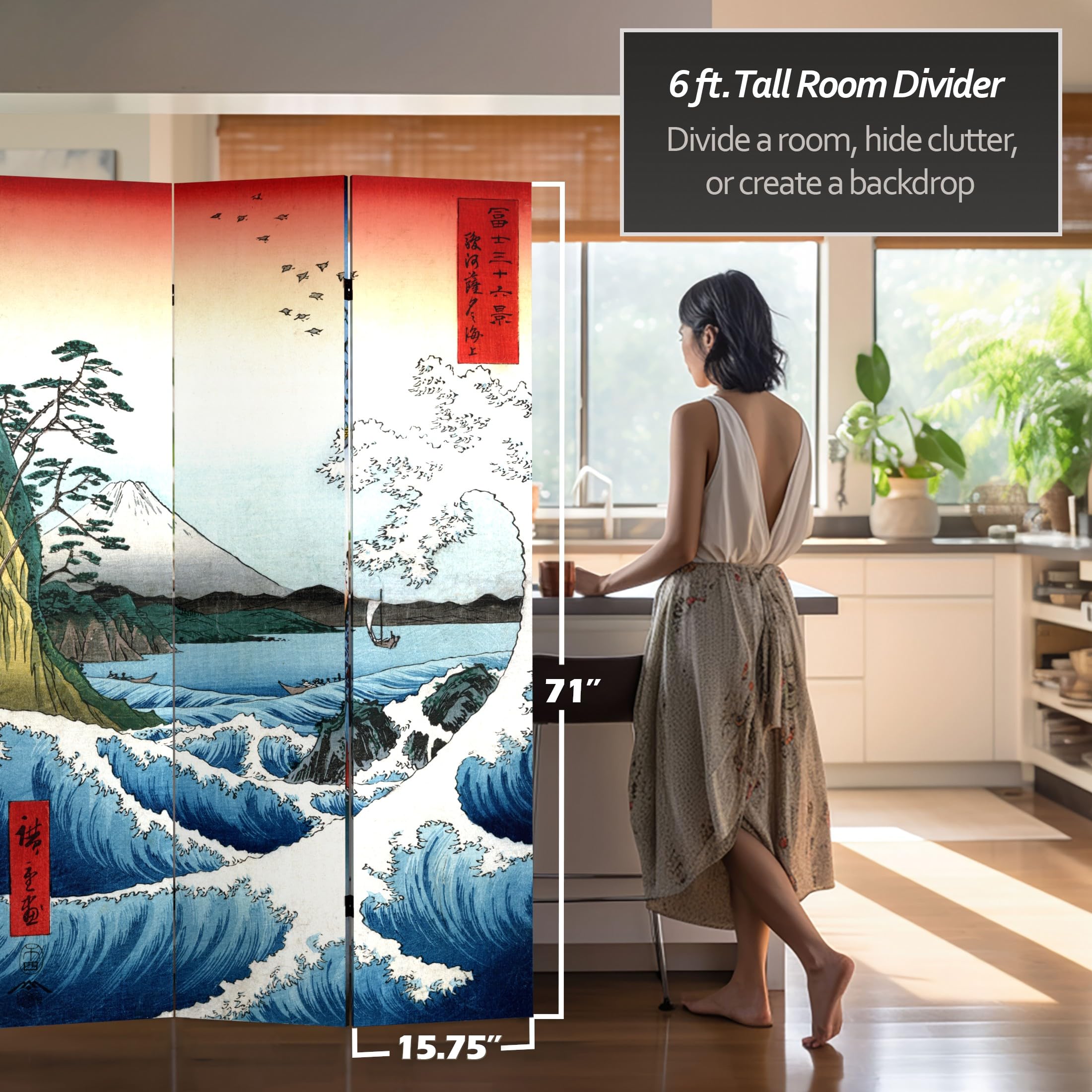 6 ft. Tall Double Sided Hiroshige Red Lantern Room Divider - Sea at Satta & Teahouse Design, 71 Inch Height 3 Panel Wide Folding Screen for Home Decor, Office Partition, and Asian-Themed Event Backdrop