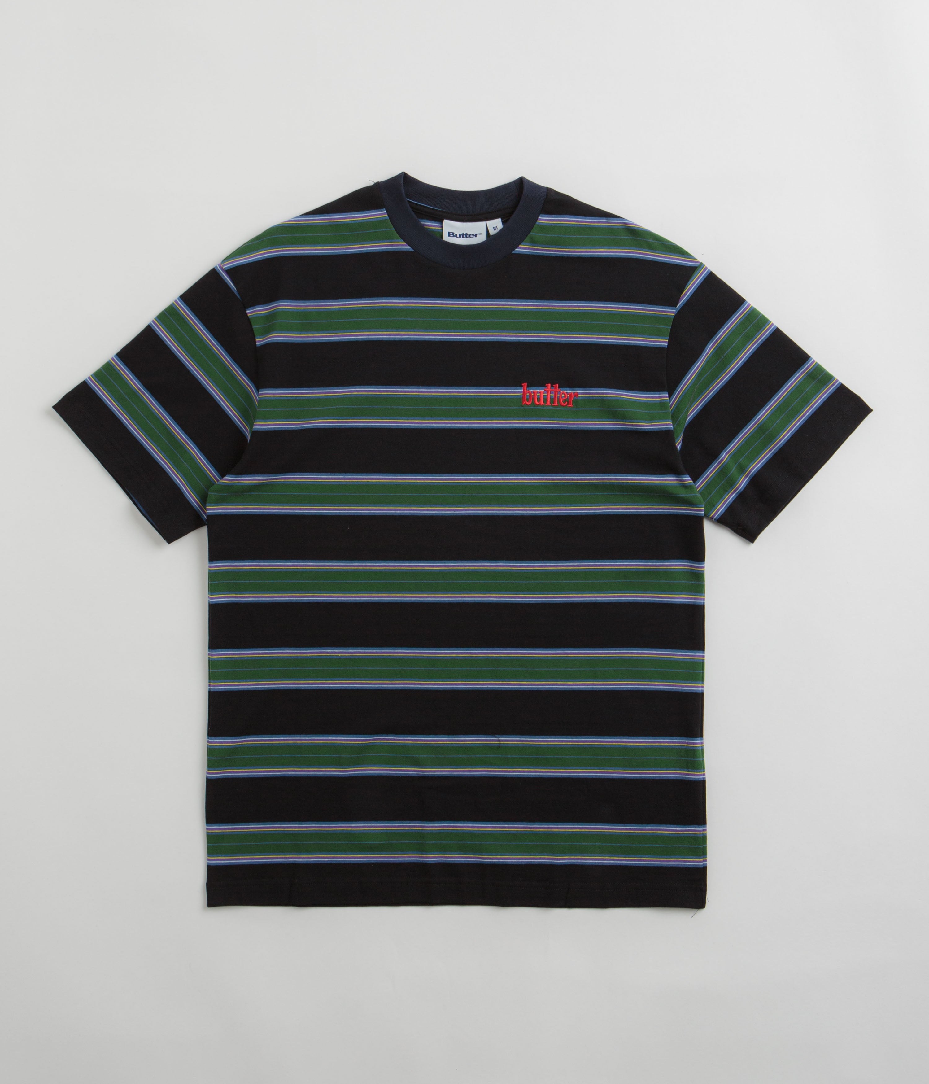 Butter Goods Striped T-Shirt for Men - Soft Cotton Crewneck Tee in Forest Green & Navy Blue | Casual Wear, Street Style, Everyday Outfits