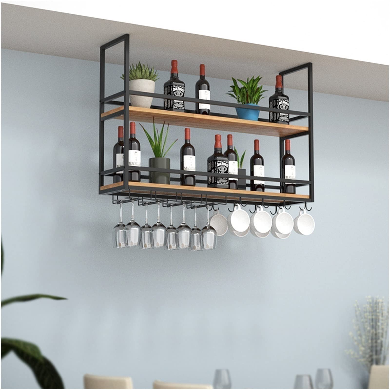 Hanging Floating Shelf - Ceiling & Wall Mounted Wine Glass Rack with Guardrail, Solid Wood & Wrought Iron Display Stand for Kitchen, Living Room, Bar - Perfect for Wine Storage, Plant Display & Home Decor
