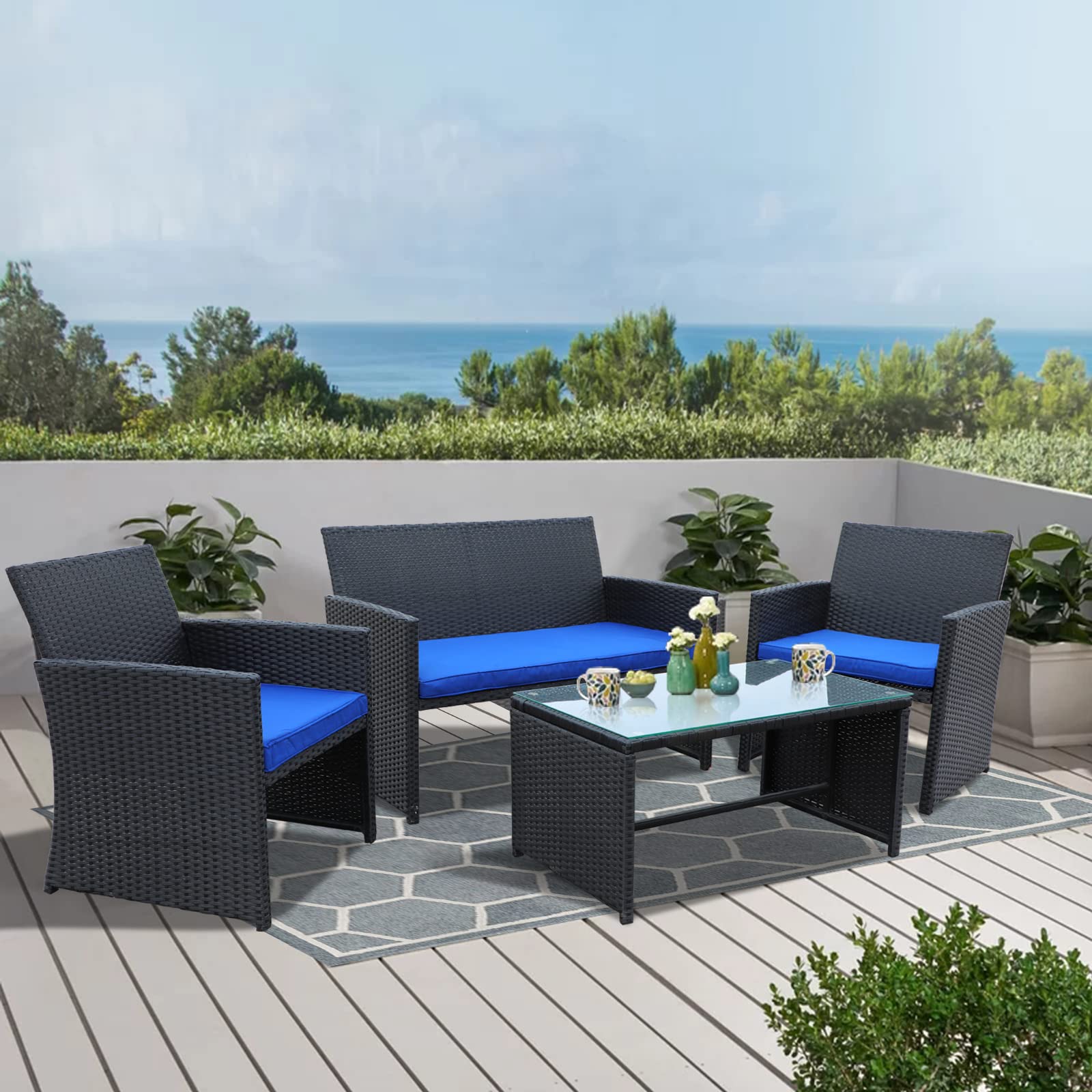 4-Piece Outdoor Rattan Patio Furniture Set - Durable PE Wicker Conversation Set for Porch, Garden & Backyard - Perfect for Relaxing & Entertaining