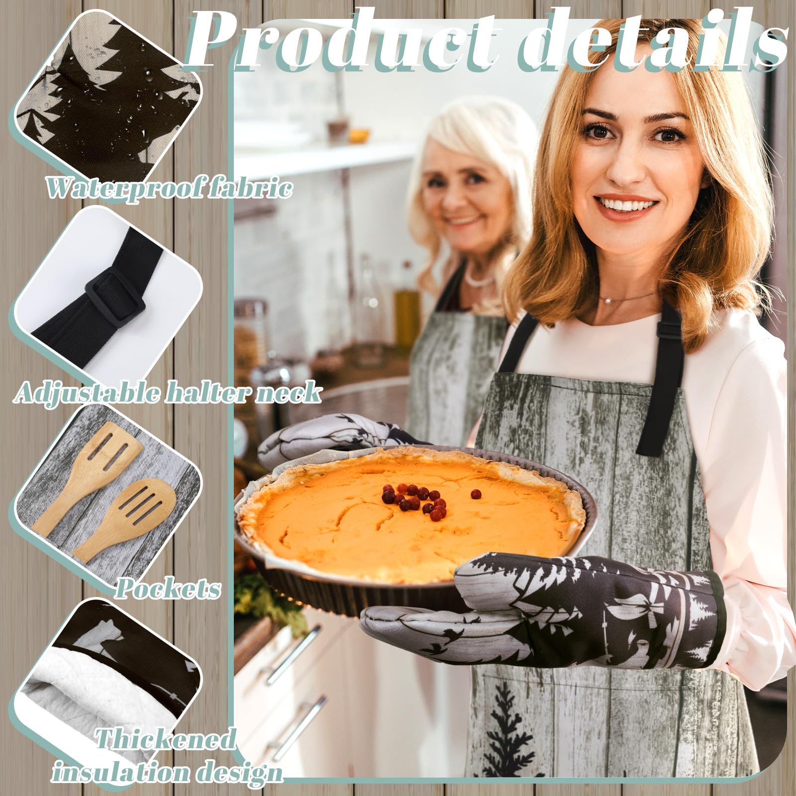 Geetery 10-Piece Christmas Kitchen Set - Cotton Oven Mitts, Pot Holders, Apron & Towels with Holiday Tree Design - Gray Green Jungle Print - Perfect for Holiday Cooking, Baking & Kitchen Decor
