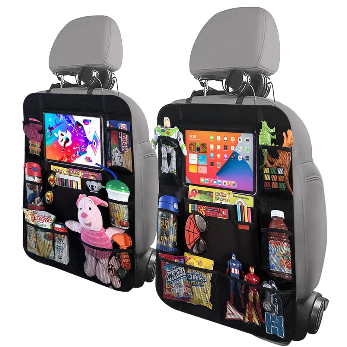 Luckybay 2 Pack Car Backseat Organizer for Kids - Waterproof & Durable Travel Accessories with 10