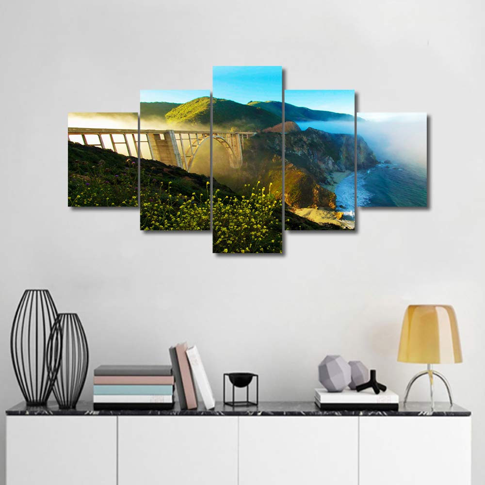 TUMOVO 5-Piece Framed Canvas Wall Art - Beautiful California Coastal Seascape with Bridge View, Ready to Hang for Living Room, Bedroom & Home Office Decor | Perfect for Coastal & Modern Interior Design