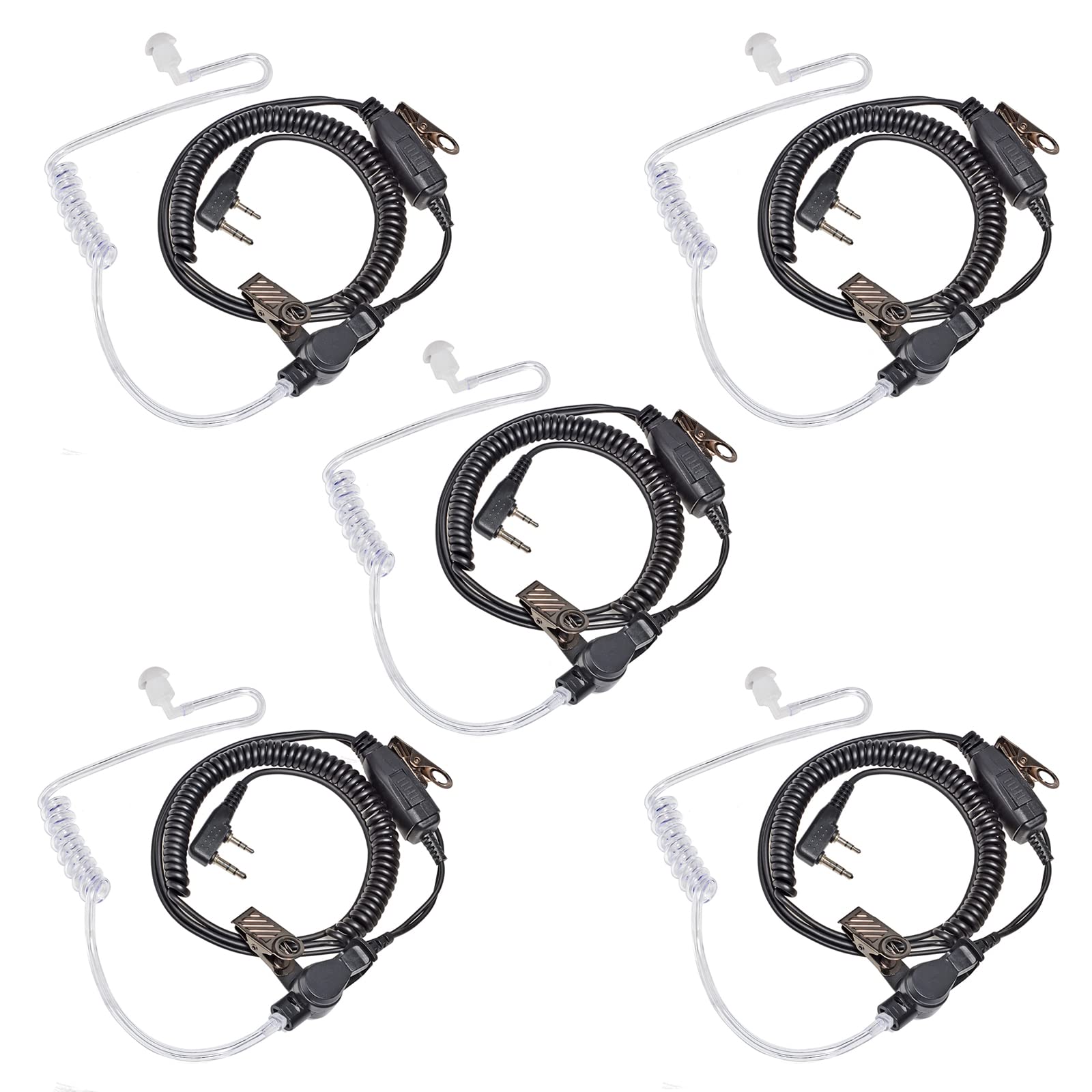 HYS 5-Pack In-Ear Acoustic Tube Radio Earpiece with Inline PTT Microphone - Compatible with Baofeng UV-5R, UV-82, BF-F8HP, BF-888S & Kenwood Walkie Talkies - Ideal for Security, Construction & Outdoor Communication