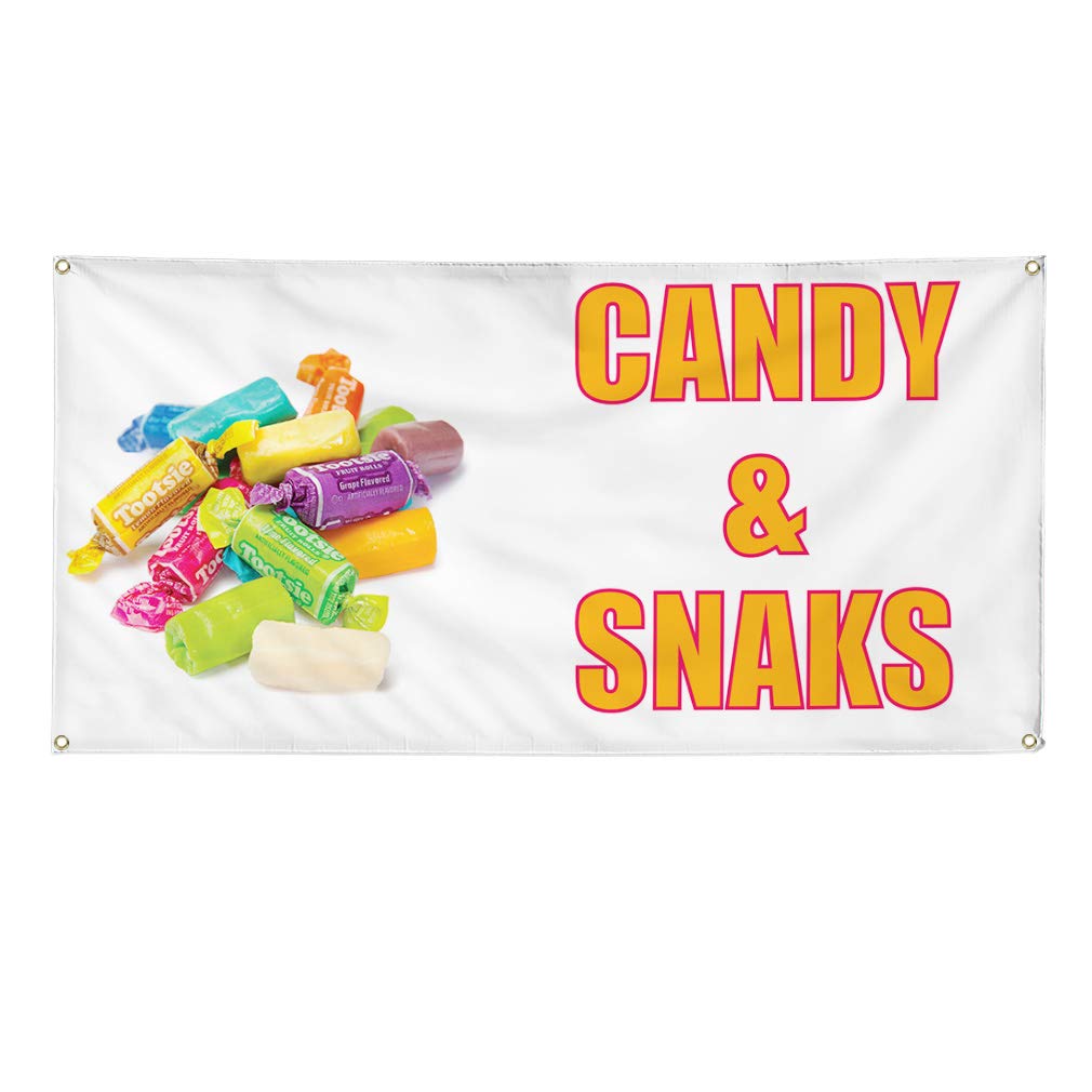 Custom Vinyl Banner 48x96 Inches - Weatherproof Outdoor Advertising Sign for Candy, Snacks & Beverage Promotion - White with 8 Grommets - Perfect for Retail Stores, Trade Shows & Yard Sales