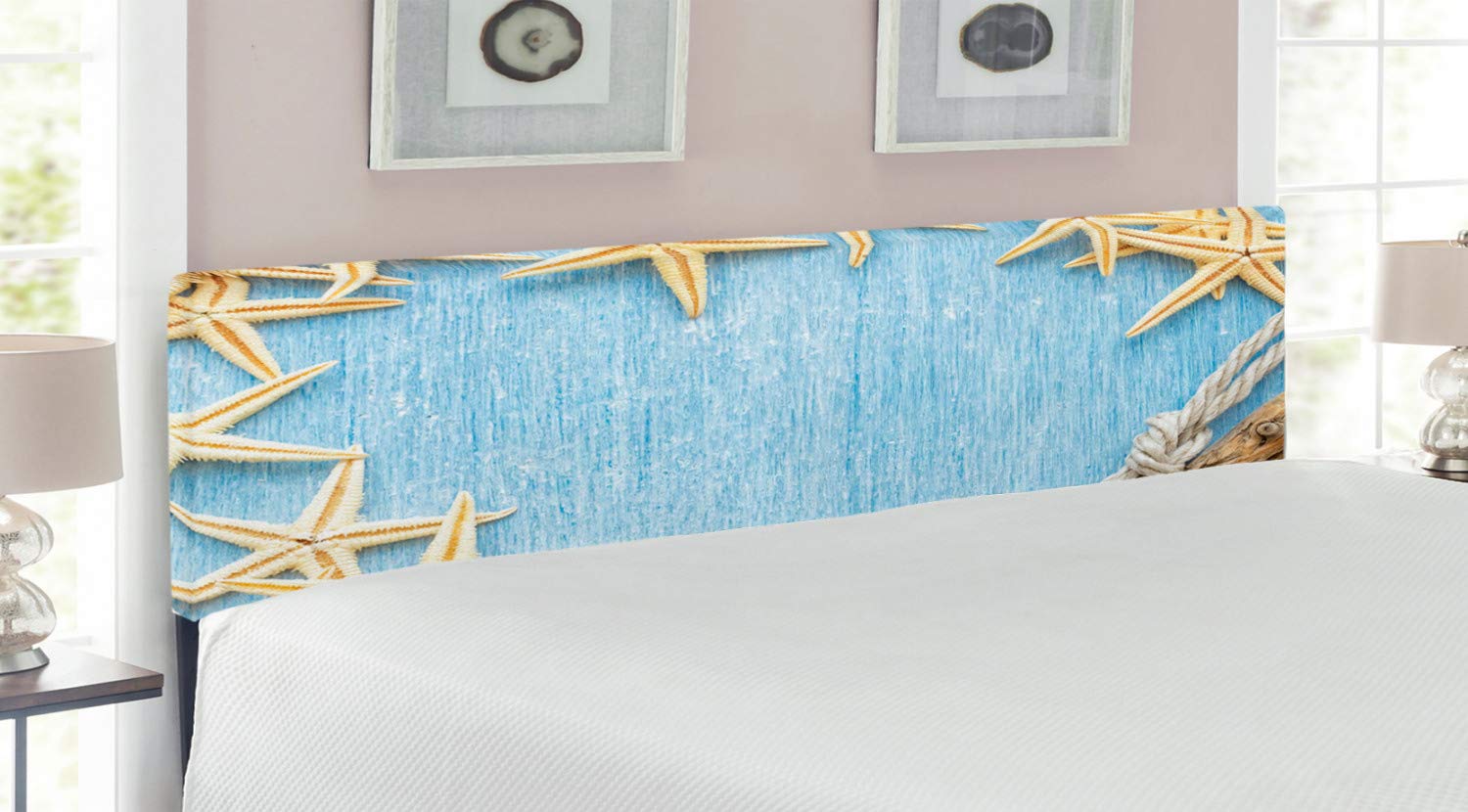 Ambesonne Seashells Upholstered Headboard - King Size Blue Ivory Vintage Maritime Beach Theme with Memory Foam - Perfect for Coastal Bedroom Decor & Beach House Master Suite