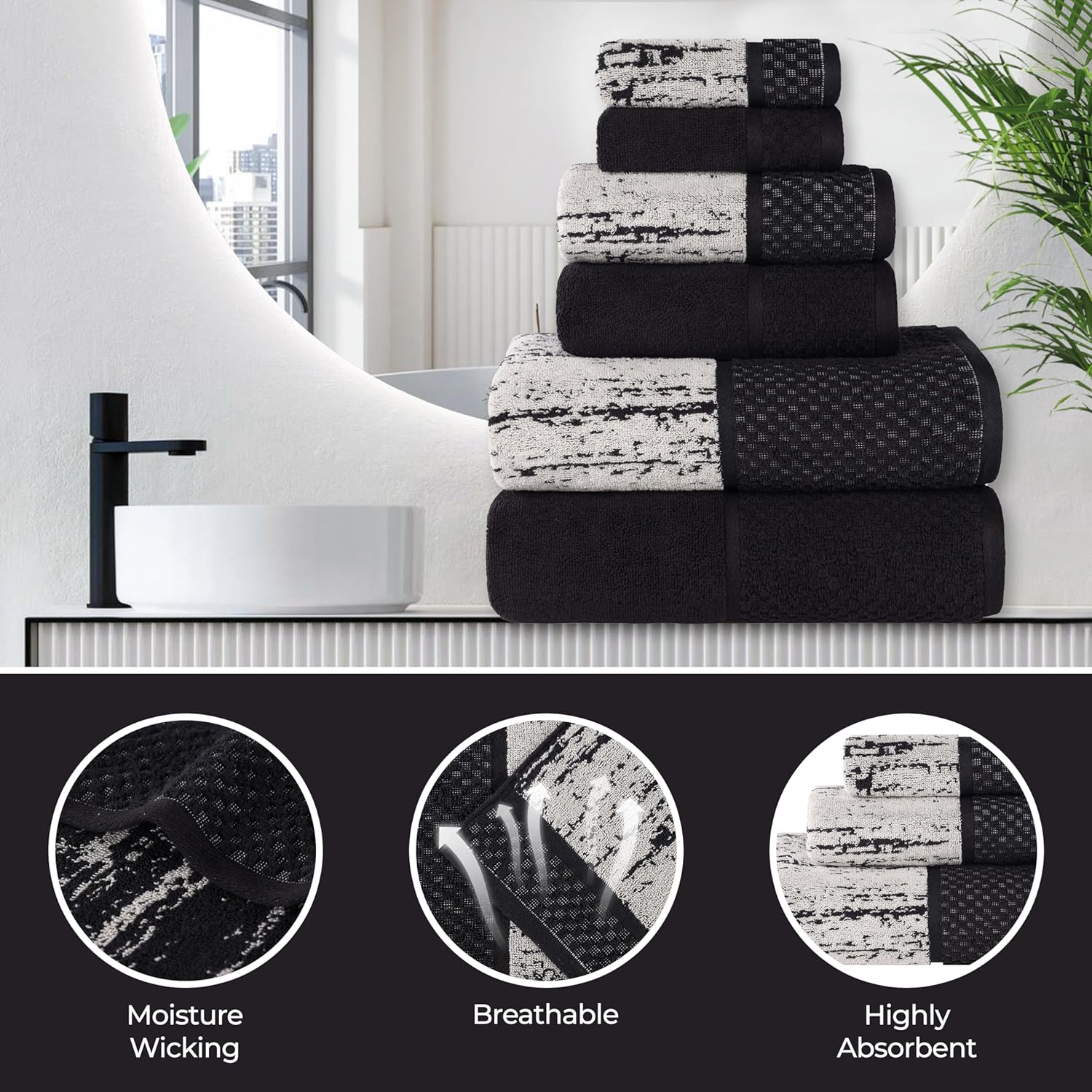 Premium 6-Piece Cotton Plush Jacquard Towel Set - Soft & Absorbent Bath Towels for Spa, Gym, and Luxury Home Use