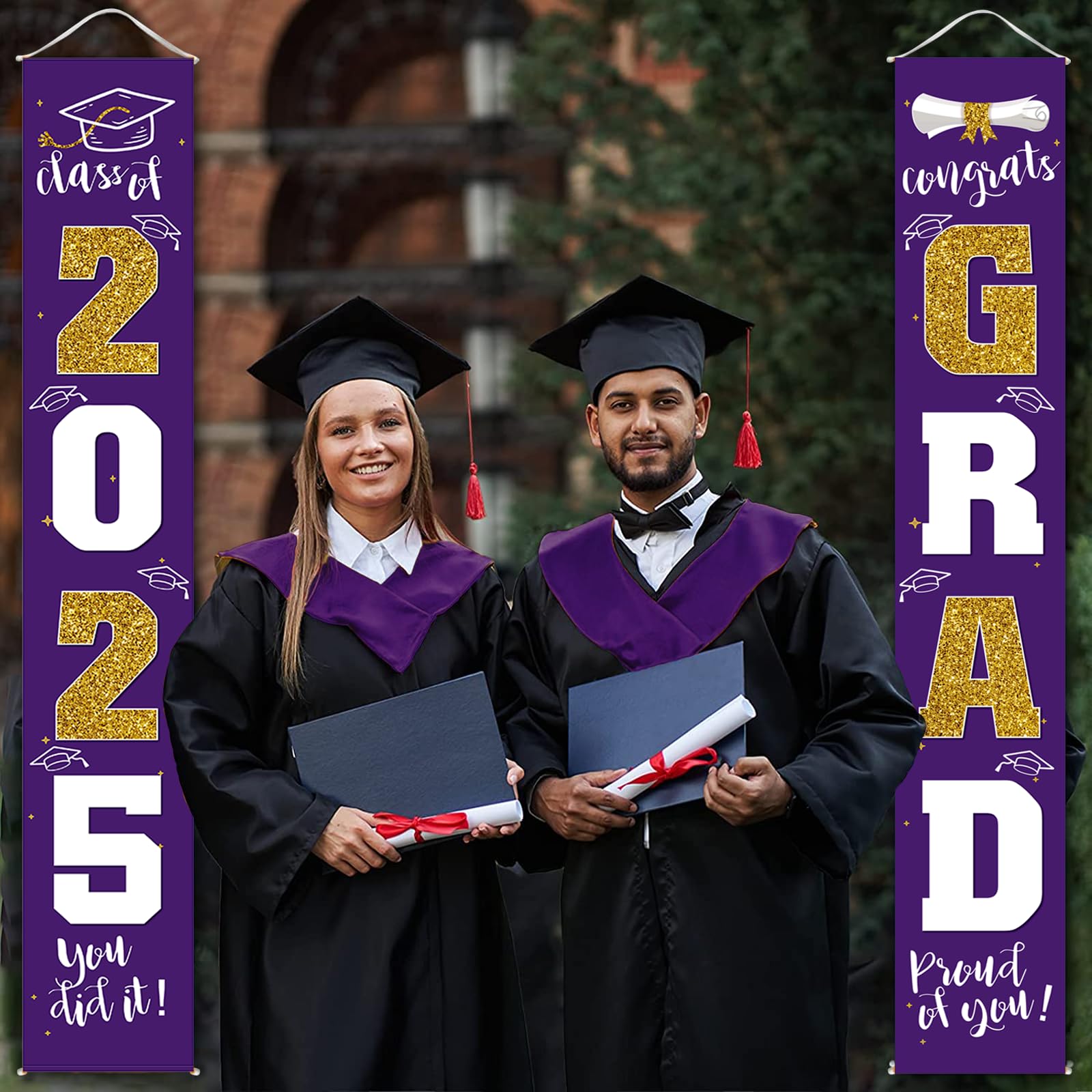 Class of 2025 Graduation Banner - Purple & Gold Porch Sign for 2025 Graduates Party | Outdoor & Indoor Graduation Decorations 2025 | Perfect for Graduation Ceremony, Backyard Party & Photo Backdrop