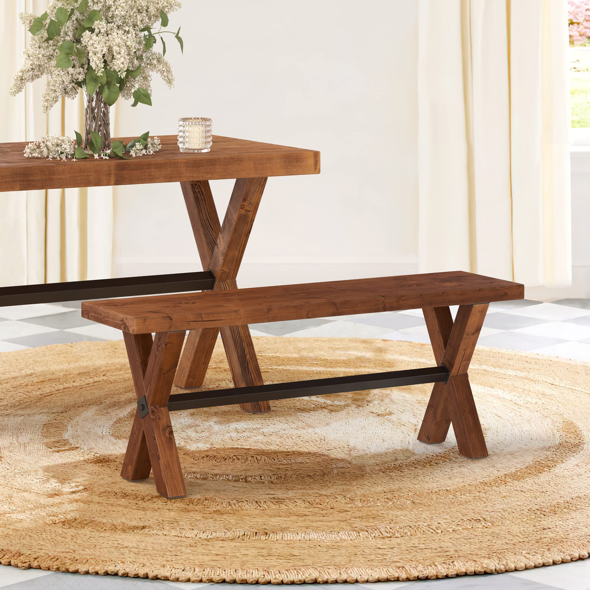 LUE BONA 47 Inch Solid Wood Dining Bench - Farmhouse Style Kitchen Bench with Natural Wood Grain - Heavy Duty Rectangular Dining Table Bench for Home, Kitchen & Dining Room - Light Brown - Perfect for Farmhouse Decor, Kitchen Islands & Breakfast Nooks