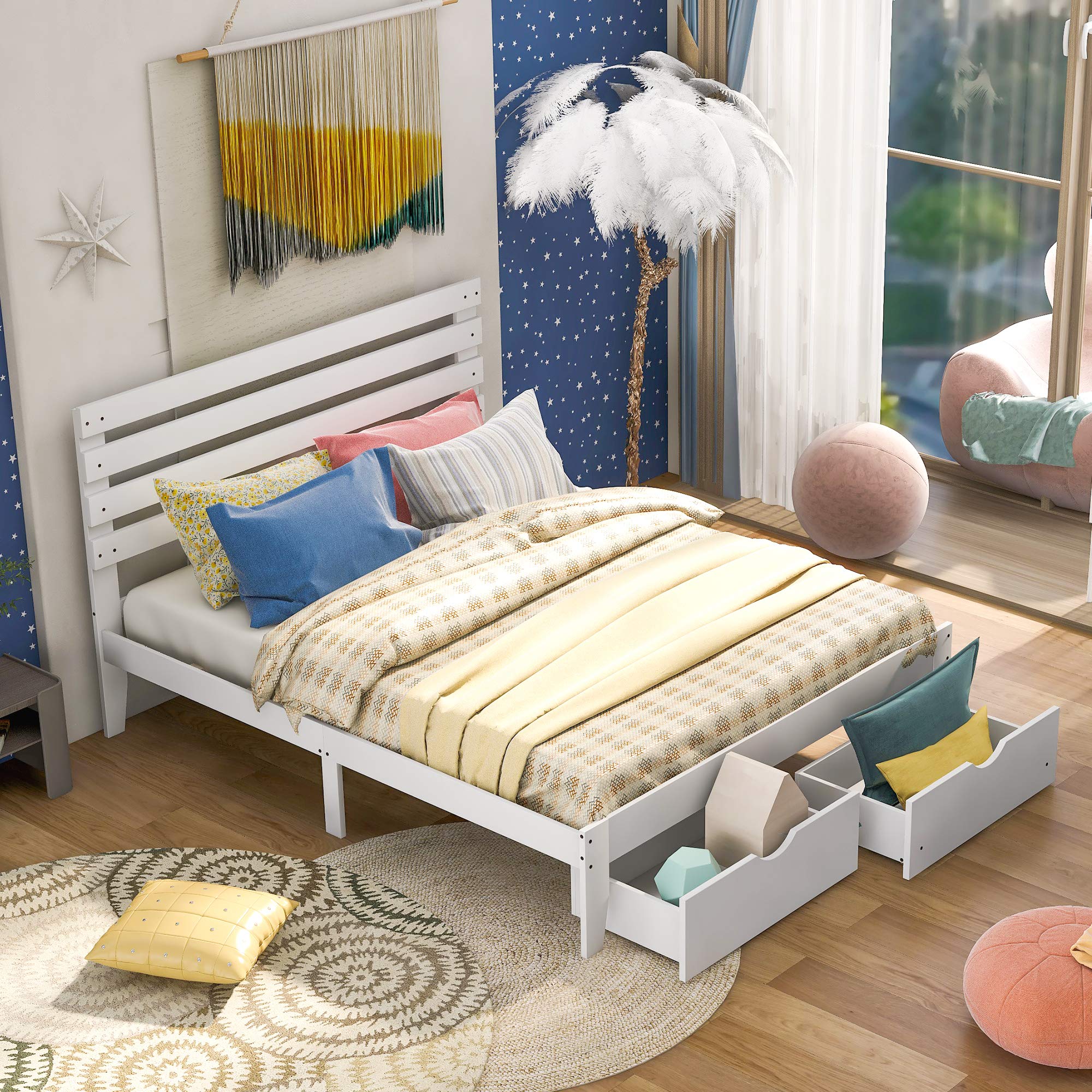 INLIFE Queen Size Wooden Platform Bed Frame with Storage Drawers & Organizer - 80.7