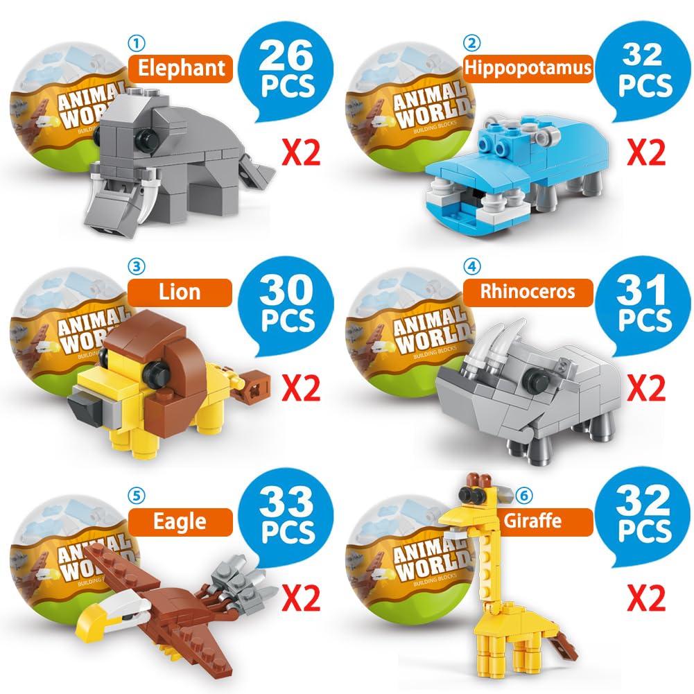 12Pcs Safari Animal Building Blocks Easter Eggs - Pre Filled Easter Basket Stuffers, Easter Party Favors & Classroom Prize Toys for Kids | Perfect for Easter Egg Hunts, Birthday Parties & STEM Learning Activities