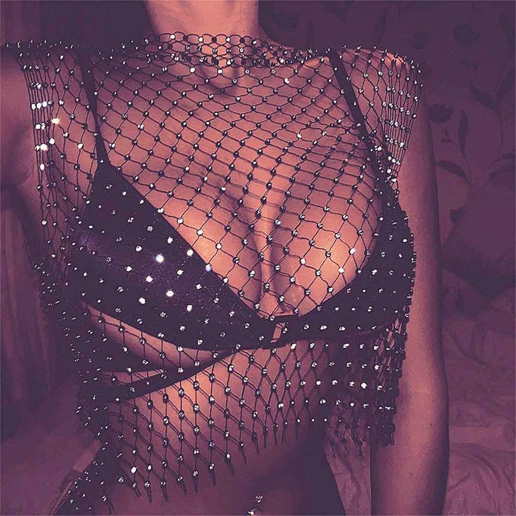 Sparkling Rhinestone Mesh Body Chains & Hollow Tank Tops - Sexy Bikini Crop Tops for Women | Perfect for Beach Parties, Music Festivals & Nightclub Outfits