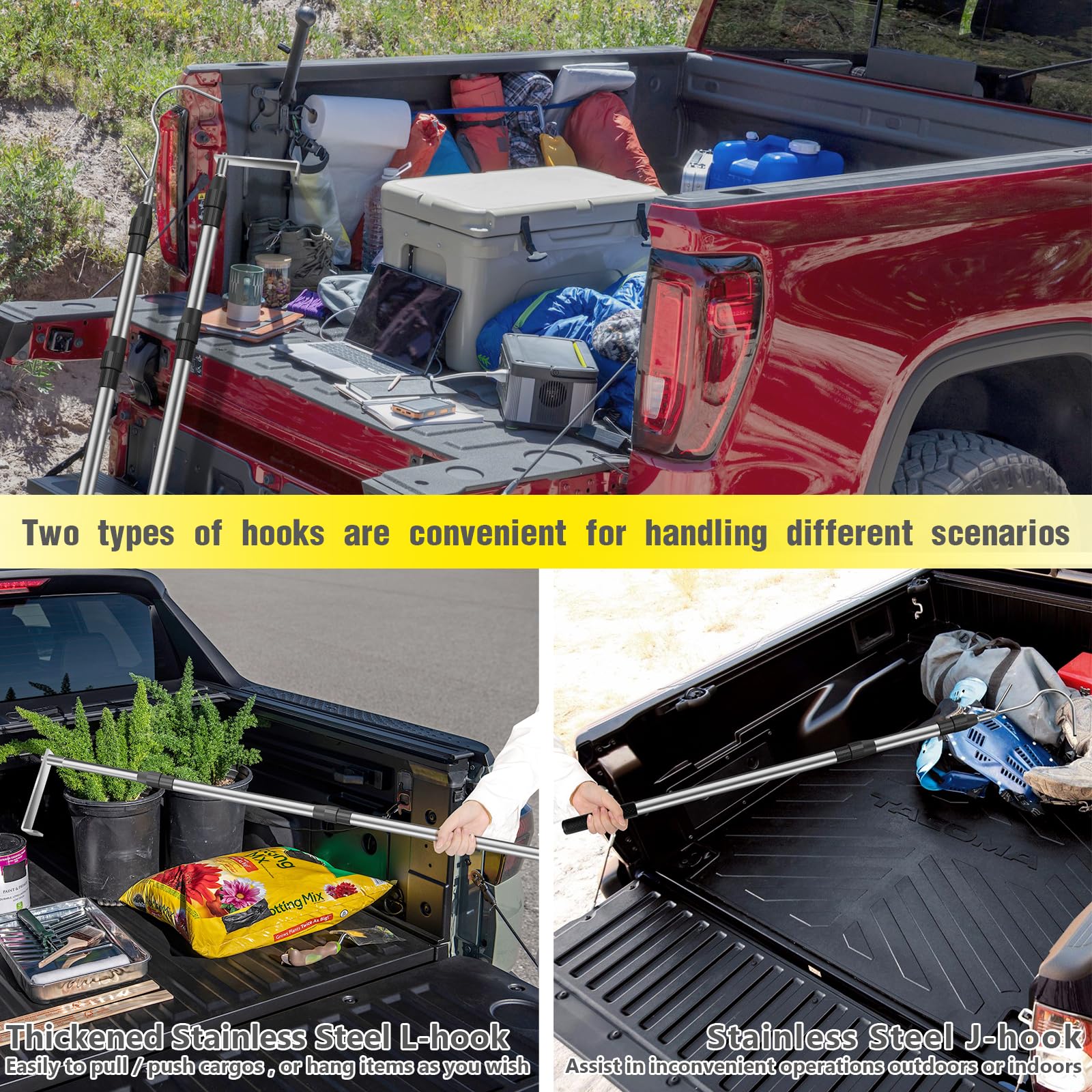Heavy Duty 6.3FT Cargo Grabber Pickup Truck Bed Retriever with 2 Hooks - Durable Truck Bed Accessory for Easy Loading/Unloading & Hard-to-Reach Items