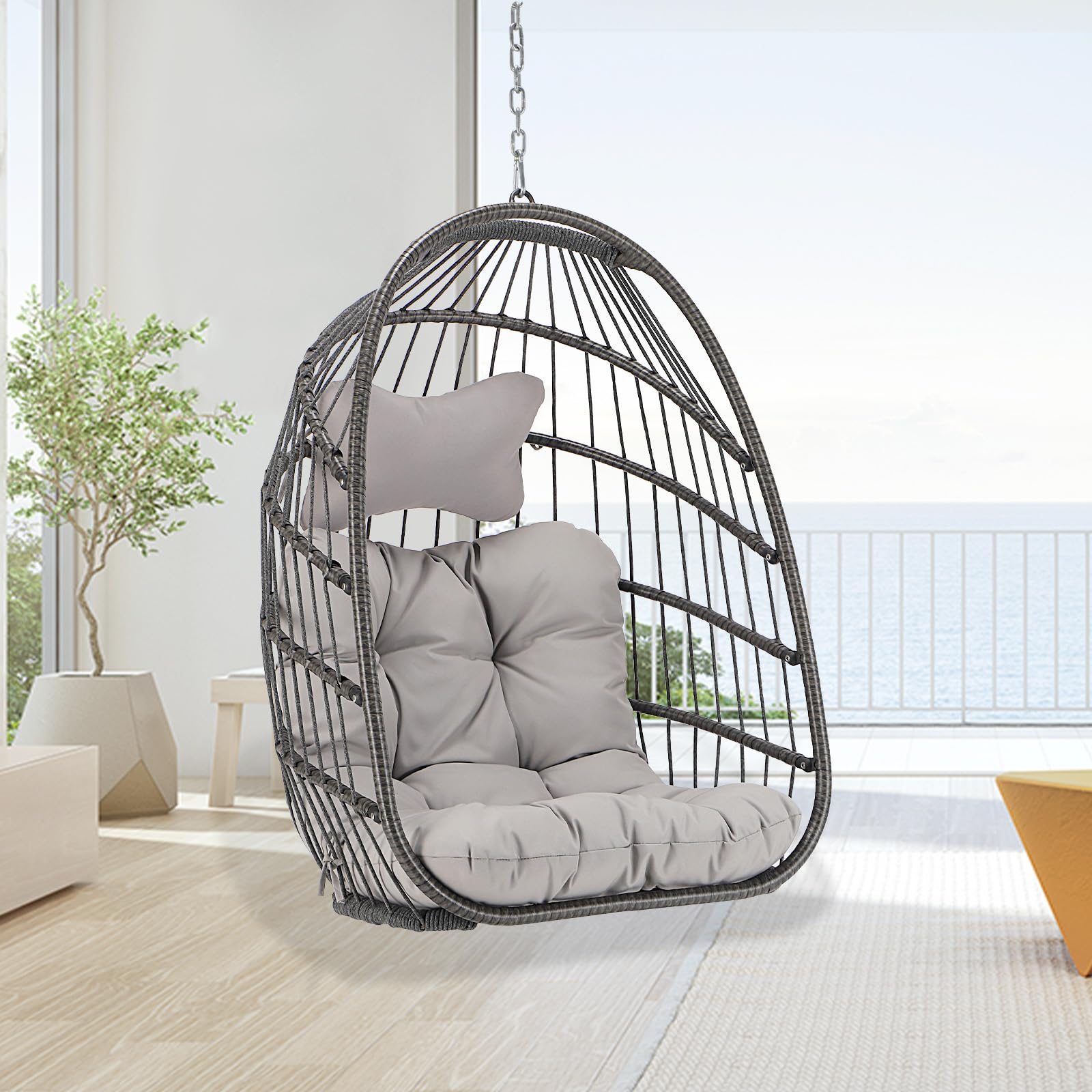 BULEXYARD 300lbs Capacity Hanging Egg Swing Chair - Foldable Grey Wicker Hammock with Light Grey Cushion for Indoor/Outdoor Use - Perfect for Patio, Porch, Balcony, Tree or Ceiling Mount - Relaxing Outdoor Lounge Chair for Backyard, Garden and Poolside