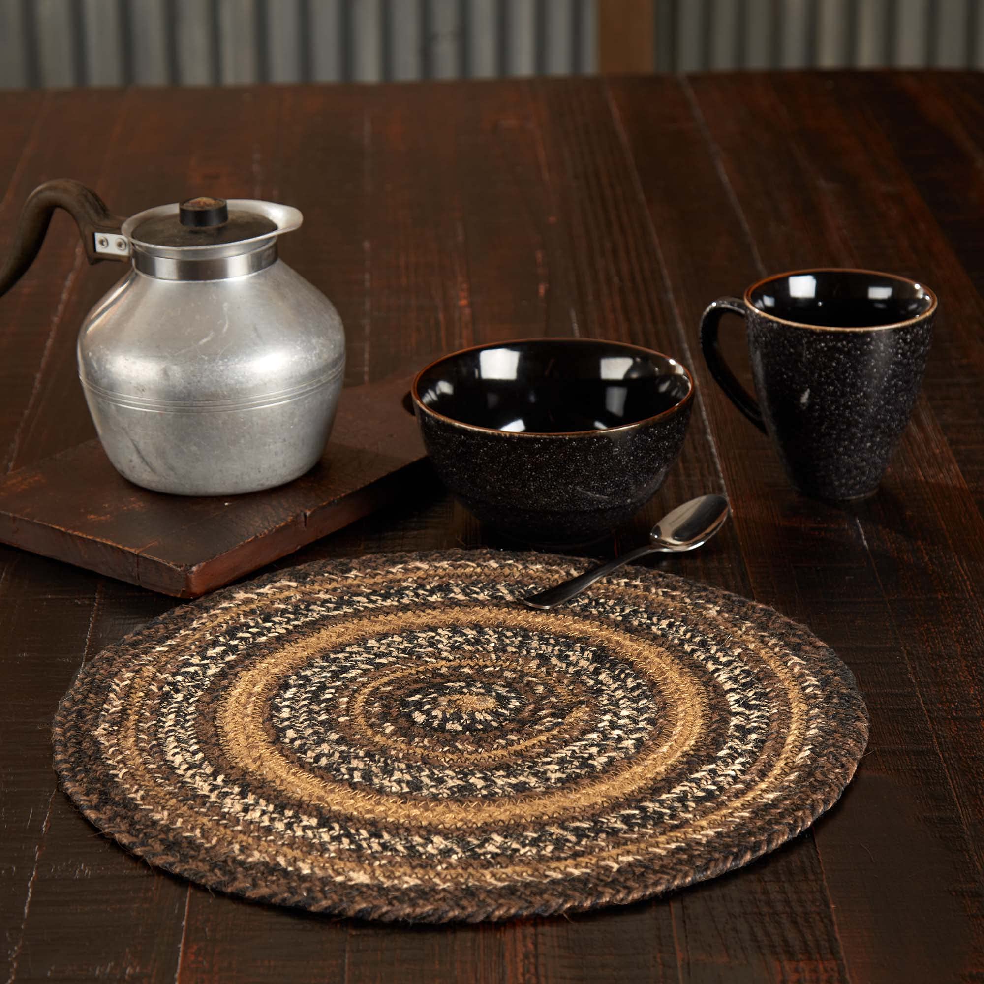 VHC Brands 15-Inch Round Jute Blend Espresso Trivet Hot Pad for Pots & Pans - Heat Resistant Brown Black Tan Coaster for Kitchen Countertops & Dining Tables