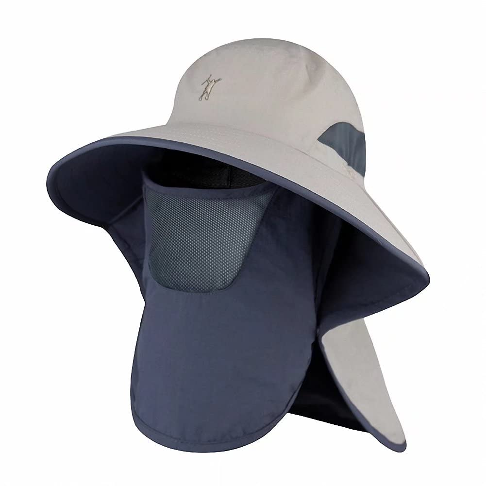 Men's UPF 50+ Sun Protection Fishing Hat - Wide Brim Summer Beach Hat with Face Cover & Neck Flap for Outdoor Activities - Khaki | Perfect for Fishing, Hiking, Travel & Water Sports