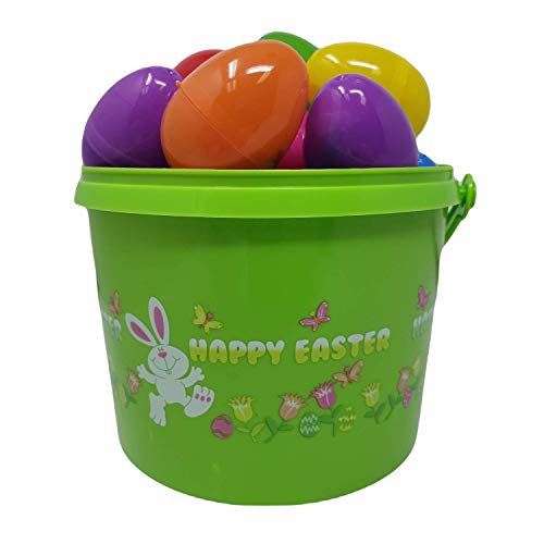 24-Count Candy Filled Easter Eggs in Green Plastic Bucket - Easter Basket Stuffers with Tootsie Rolls, Sour Patch Kids & Assorted Wrapped Candies - Perfect for Easter Egg Hunts, Party Favors & Holiday Decorations