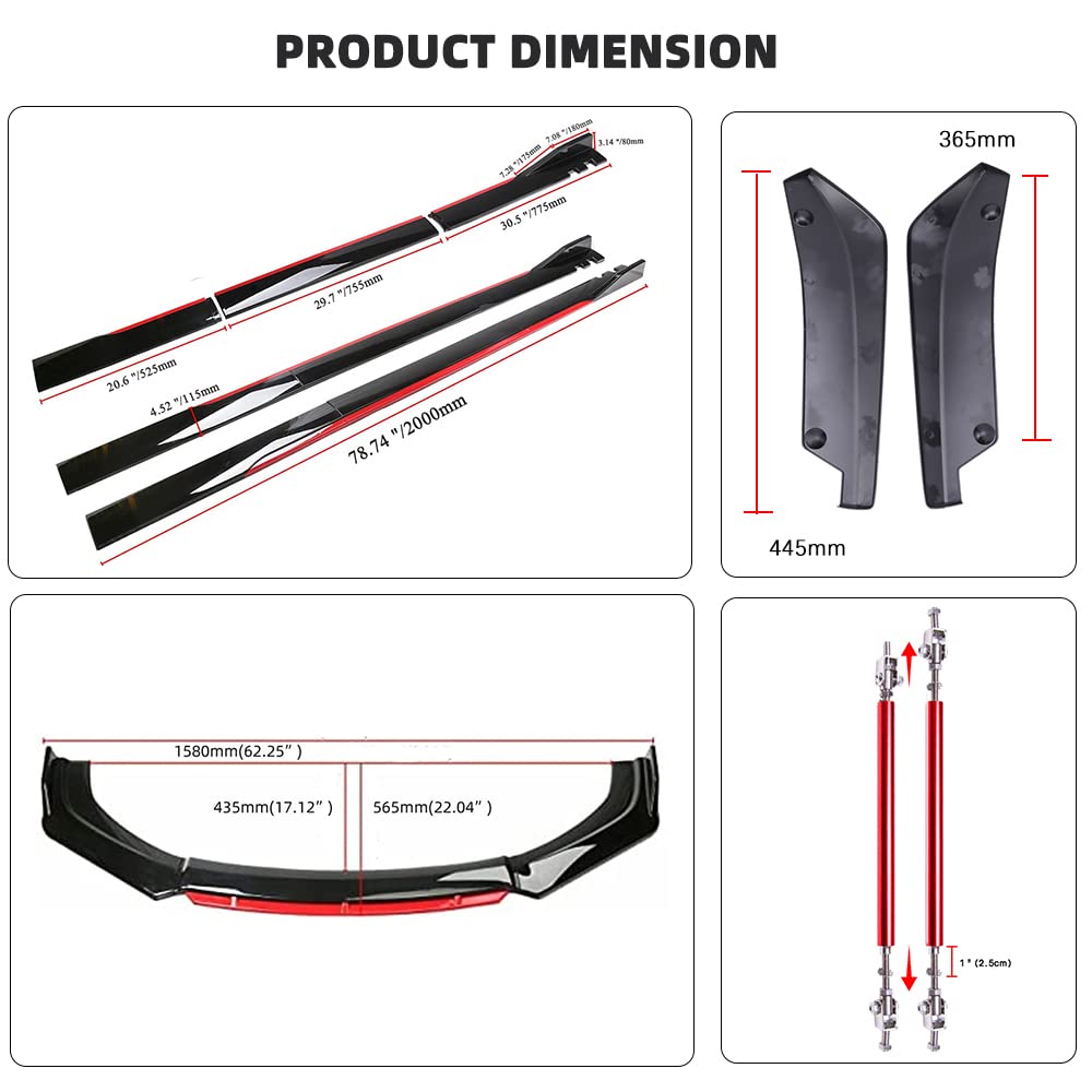 Glossy Black & Red Universal Front Bumper Lip Spoiler Diffuser Body Kit with Adjustable Support Splitter Rod & Side Skirts - Compatible with Most Cars | Enhance Aerodynamics & Sporty Style for Street Racing & Car Shows