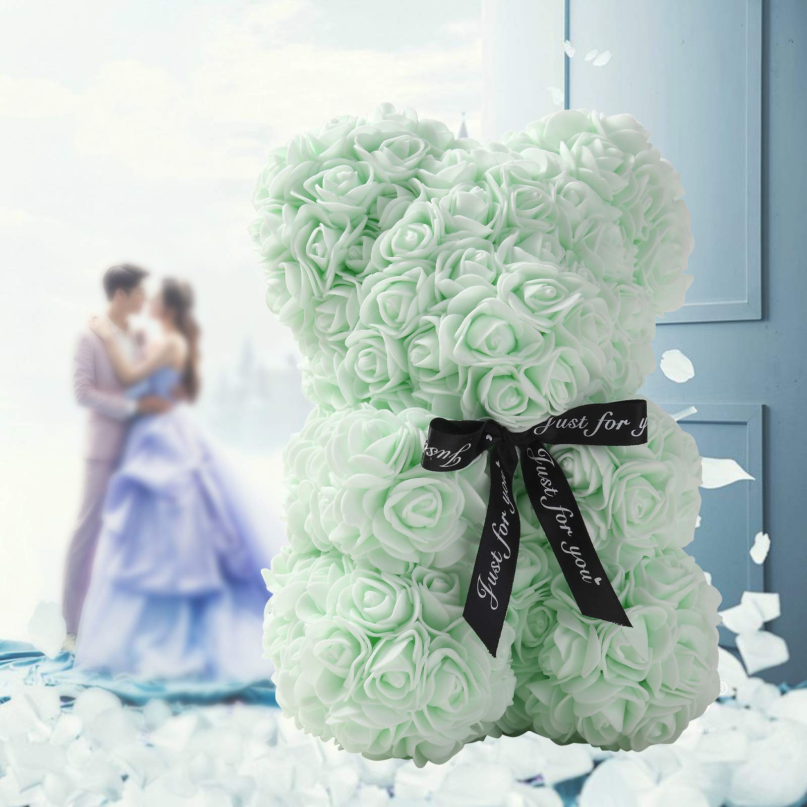 10 Inch LINKLO Rose Bear - Artificial Rose Flower Teddy Bear, Wedding Gift, Mother's Day & Anniversary Present with Transparent Gift Box (Light Blue) - Perfect for Romantic Surprises, Valentine's Day & Birthday Decorations