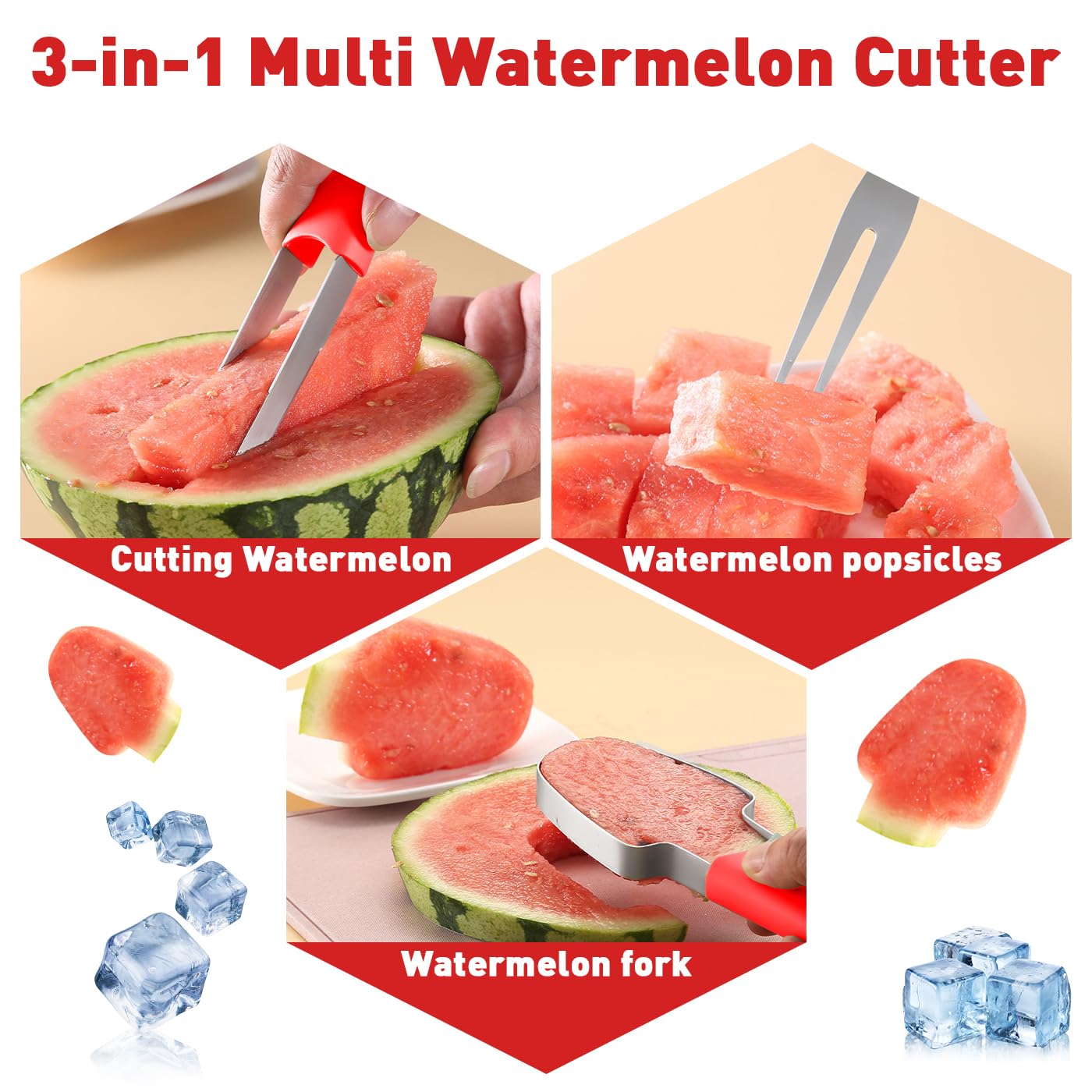 3-in-1 Watermelon Cutter with Fork Slicer & Popsicle Maker - Multi-Functional Melon Baller for Camping, Picnics & Kitchen Use (Red) - Perfect for Summer BBQs, Pool Parties & Outdoor Adventures