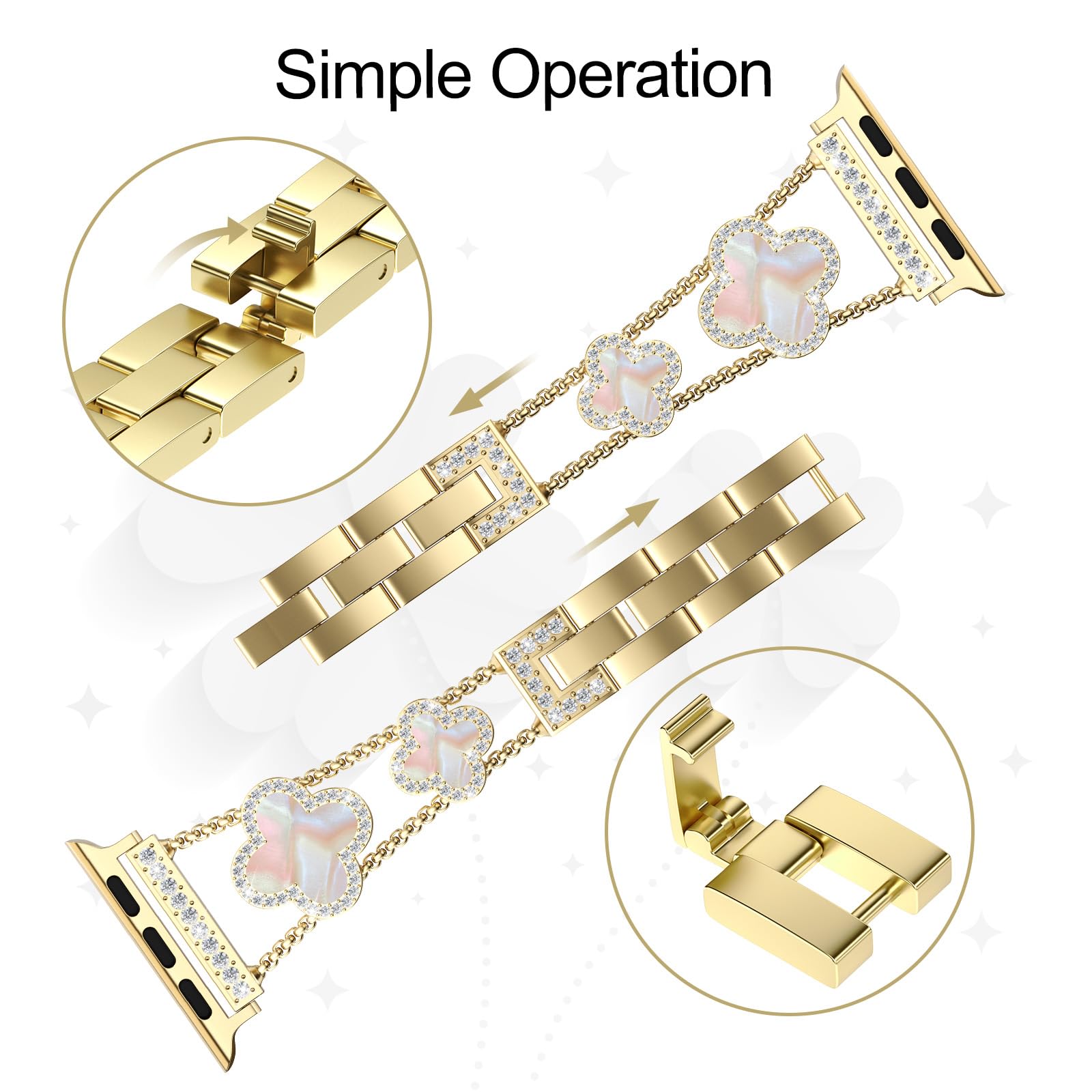 Sparkling Diamond Clover Apple Watch Band for Women - Compatible with Series 10/9/8/7/6/5/4/3/2/1, SE & Ultra (38mm/40mm/41mm) - Luxury Replacement Bracelet for Workouts, Parties & Everyday Wear
