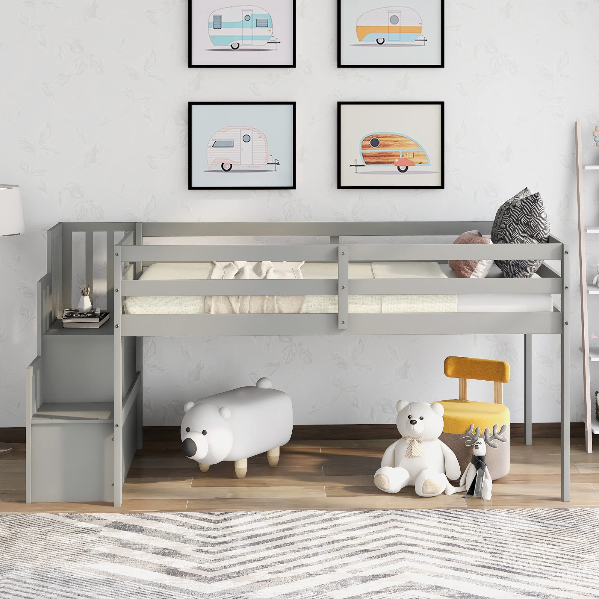 Twin Size Loft Bed with Staircase & Storage Shelves - Solid Wood Frame, Safety Guardrails, Gray - Space-Saving Kids Bedroom Furniture for Small Rooms, Dorm or Apartment