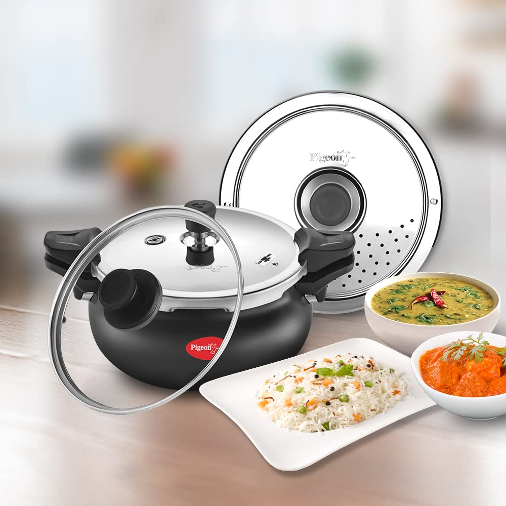 Pigeon 5.3 Quart Multi-Function Super Cooker - Hard Anodized Pressure Cooker, Steamer, Dutch Oven for All Cooktops - Fast Cooking for Meat, Soup, Rice, Beans, Idli & More (5 Liters) - Perfect for Home Cooking, Meal Prep & Family Dinners