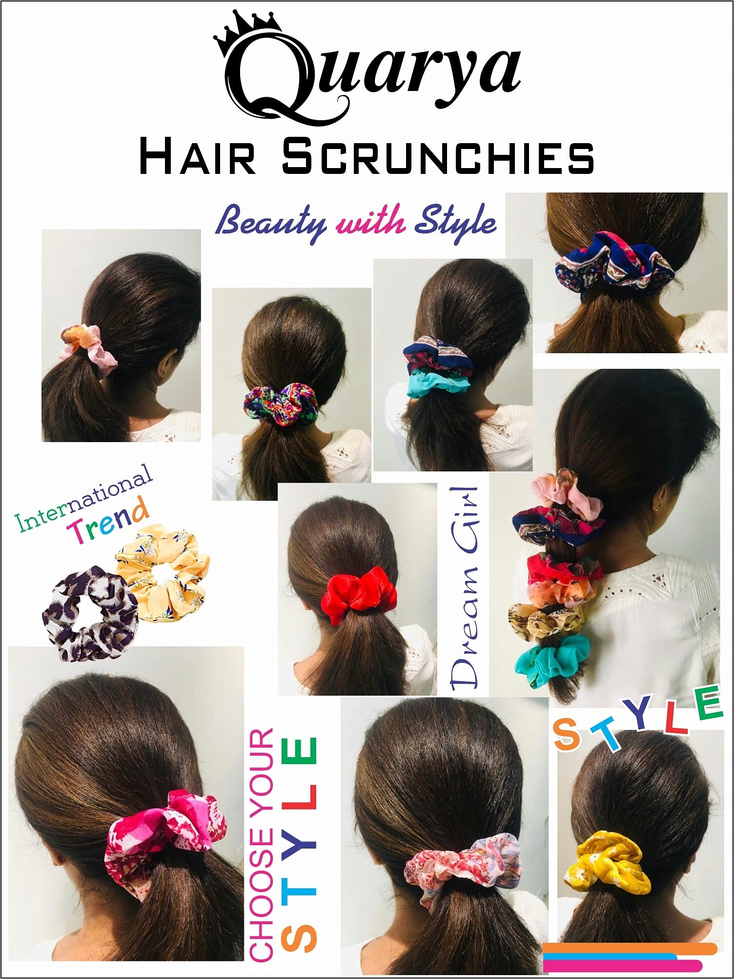 Quarya Elastic Hair Scrunchies for Women & Girls - 12 Pack Colorful Printed Hair Ties + 1 Free Hair Band - Soft Fabric Hair Accessories for Ponytail, Bun & Everyday Styling