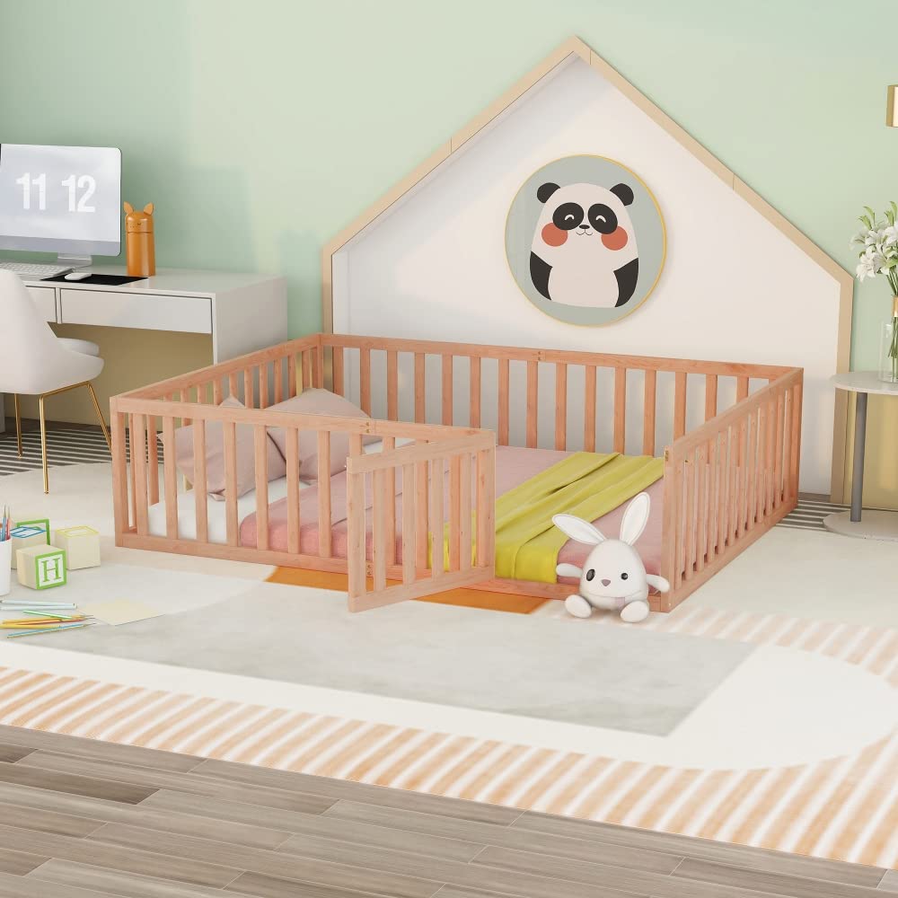 **Queen Size Wooden Bed Frame for Kids with Safety Fence & Door - Sturdy Platform Floor Bed for Boys & Girls - Easy Assembly, Durable & Stable - Natural Wood Finish - Perfect for Montessori Bedrooms, Playrooms & Cozy Kids' Spaces**