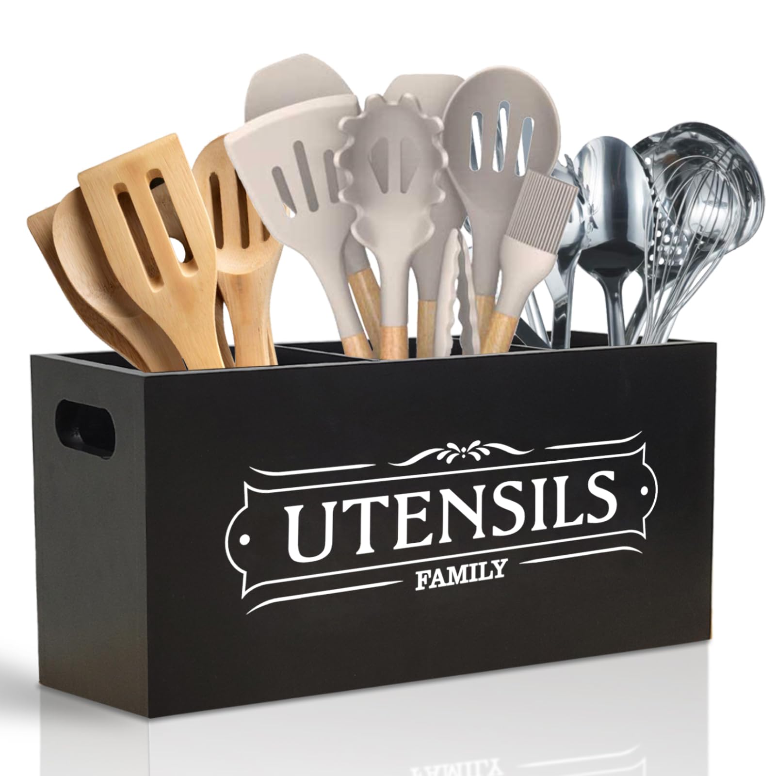 Wooden Countertop Utensil Holder - Large Farmhouse Kitchen Organizer for Cooking & Party Utensils | Durable Black Counter Decor for Spoons, Spatulas & Kitchen Tools