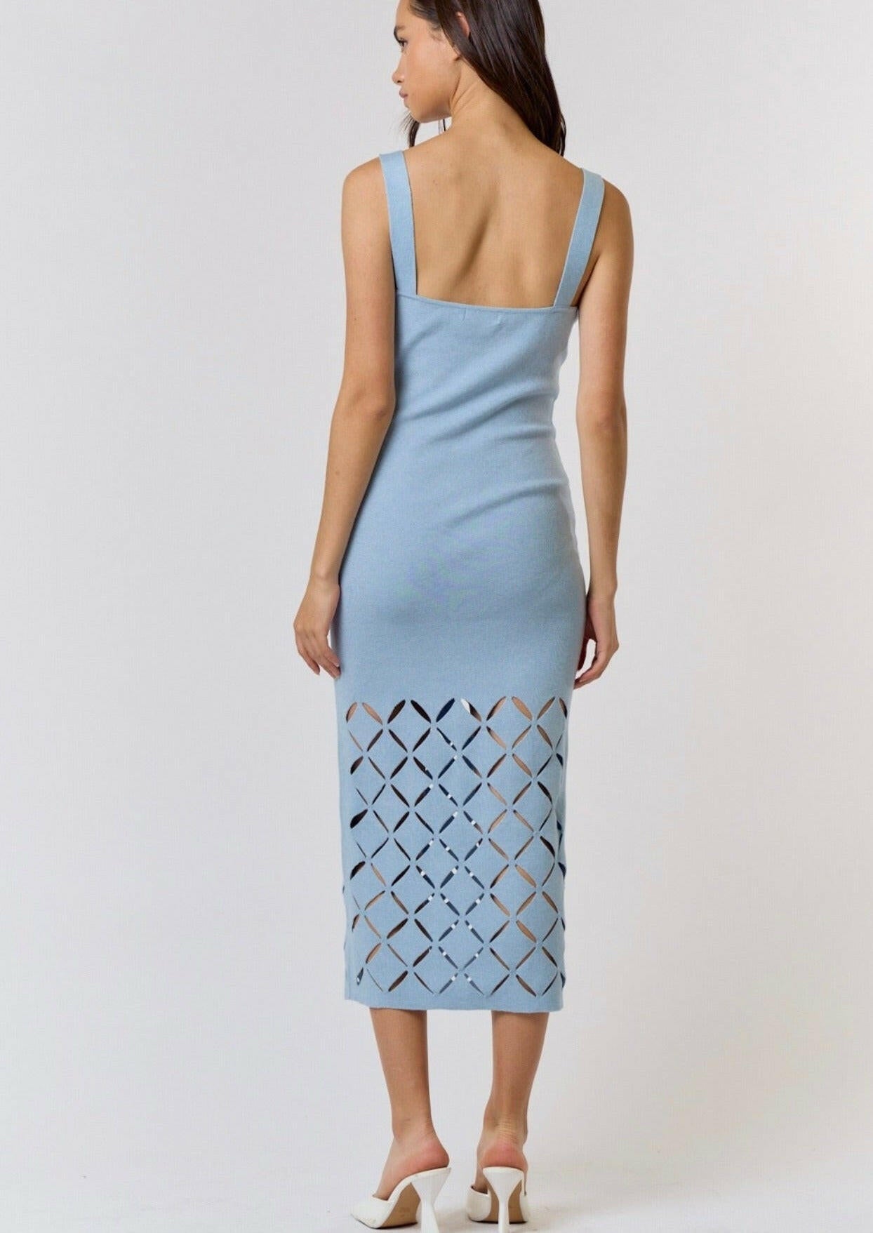 Sky Blue Square Neck Cut Out Detail Sweater Midi Dress - Elegant Casual Wear for Fall & Winter, Perfect for Office, Date Night & Holiday Parties
