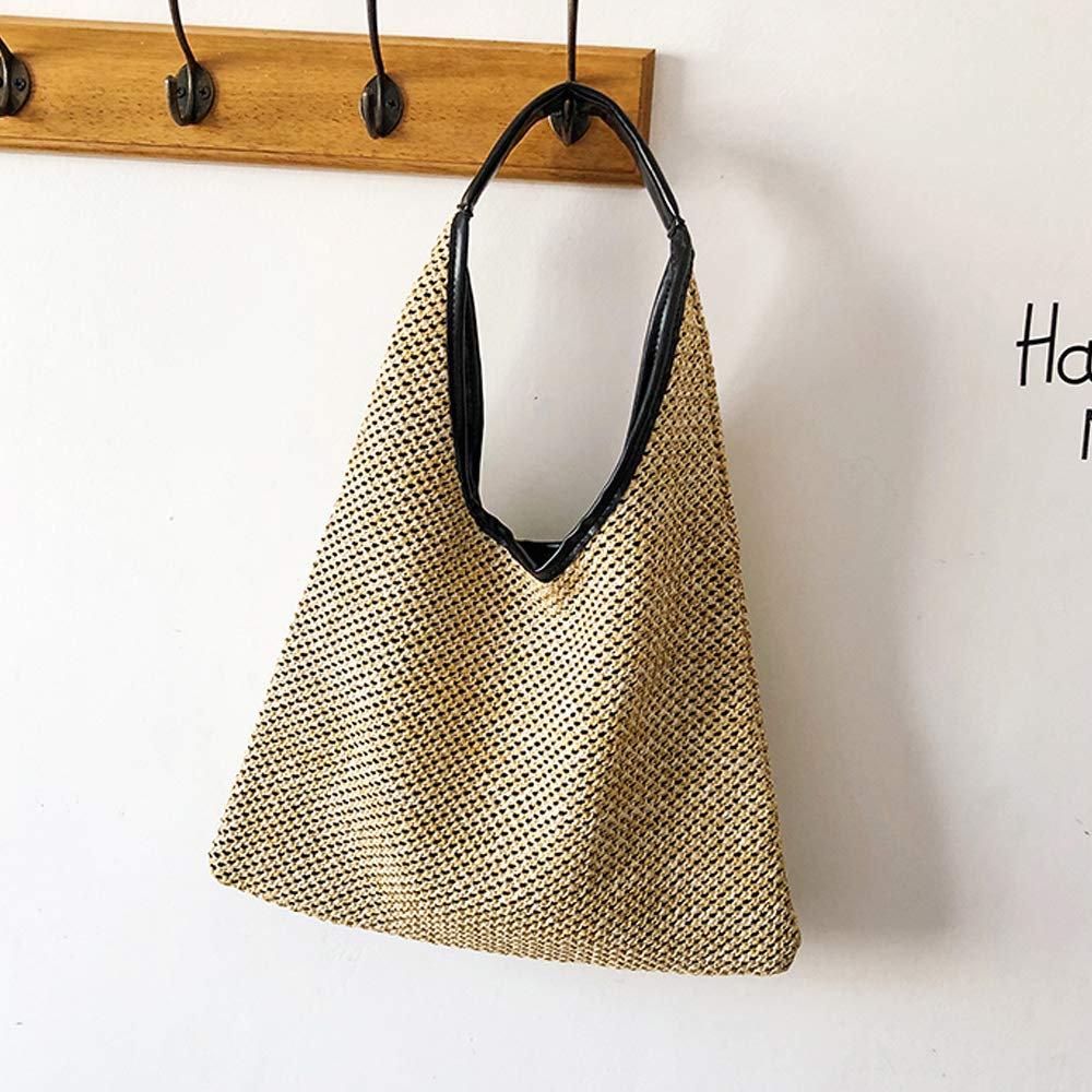 Boho Straw Tote Bag with Leather Handle - Beach & Travel