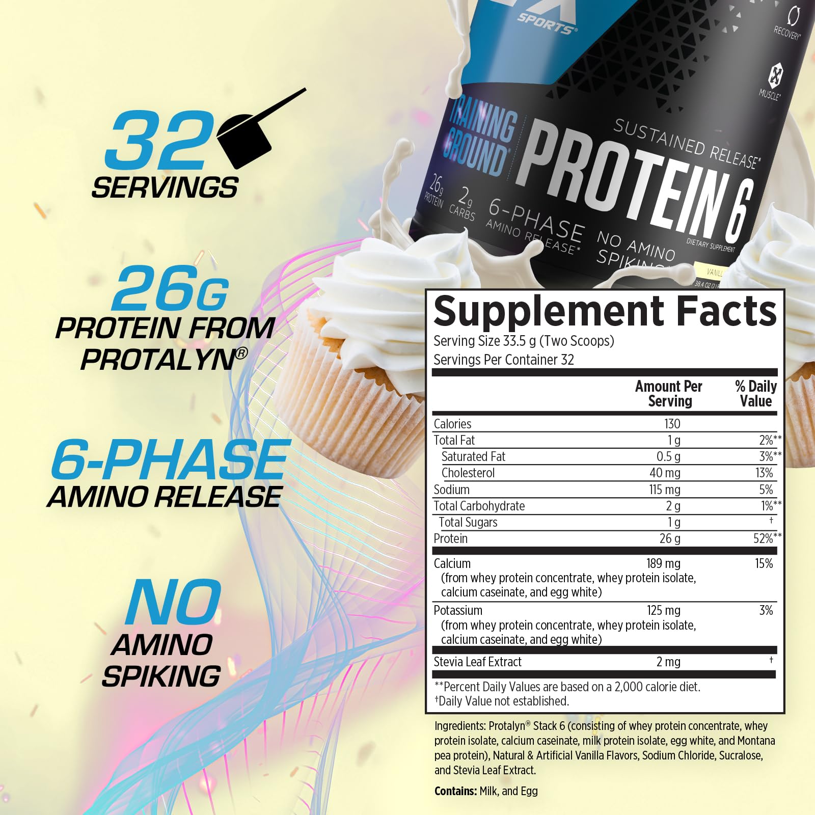 EFX Sports Training Ground Protein 6 - 26g 6-Source Sustained Release Protein Powder with Whey Isolate, Concentrate, Egg White & Pea Protein - Vanilla Flavor (32 Servings) for Post-Workout Recovery, Muscle Growth & Fitness Nutrition