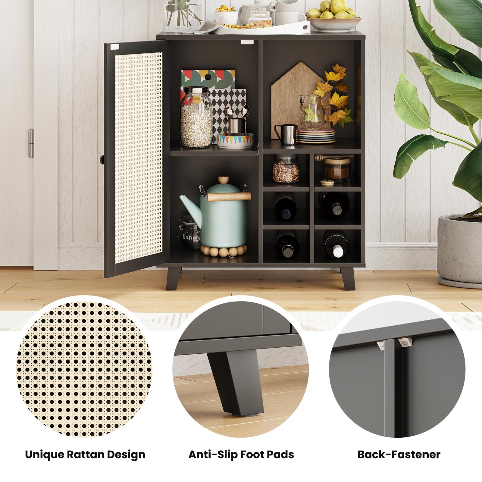 Farini 47 Inch Sideboard Cabinet with Storage & Wine Racks - Modern Wine Bar Buffet Cabinet for Living Room, Kitchen, Dining Room - Black | Perfect for Home Entertaining & Wine Storage