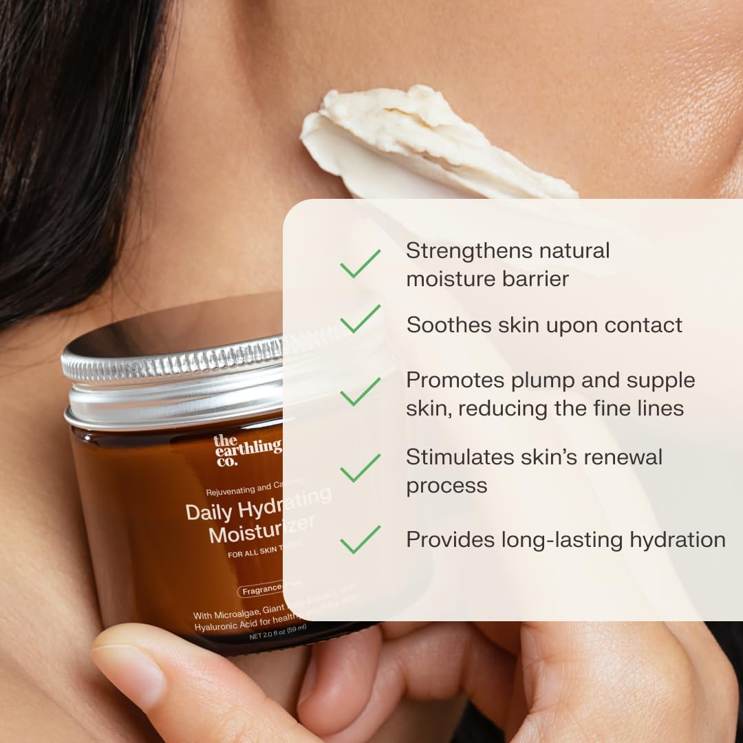 The Earthling Co. Daily Hydrating Moisturizer - Natural Face Cream for Dry, Oily & Sensitive Skin - AM & PM Moisturizing with Hyaluronic Acid, Non-Comedogenic, Fragrance-Free (2.0 fl oz) | Perfect for Daily Skincare Routine, Travel & On-the-Go Hydration